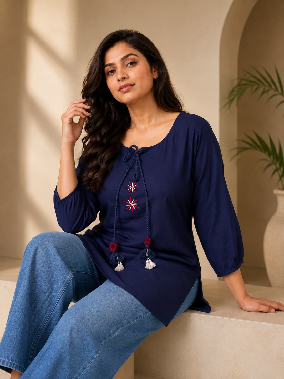 Navy Blue Embroidered Top with Tassels - View 4