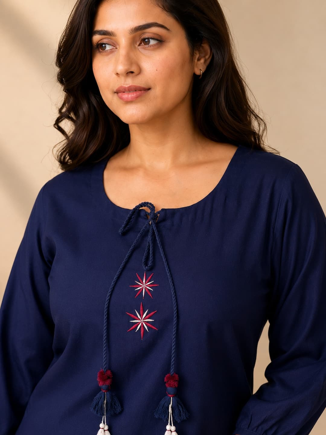 Navy Blue Embroidered Top with Tassels - View 0