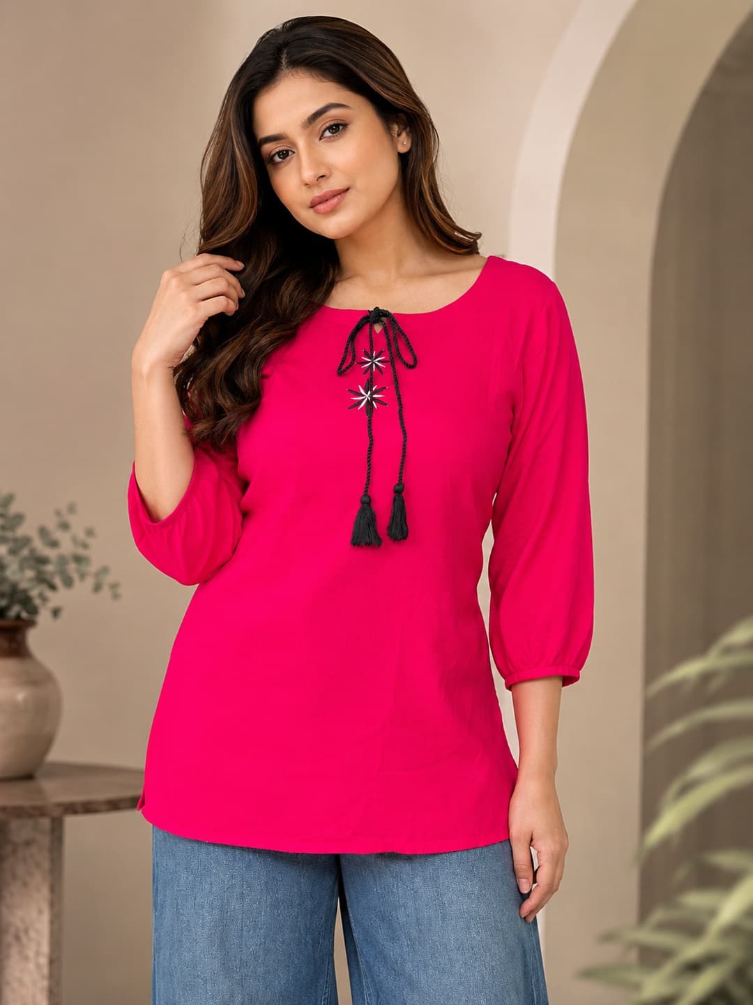 Pink Tie-Up Top with Tassels