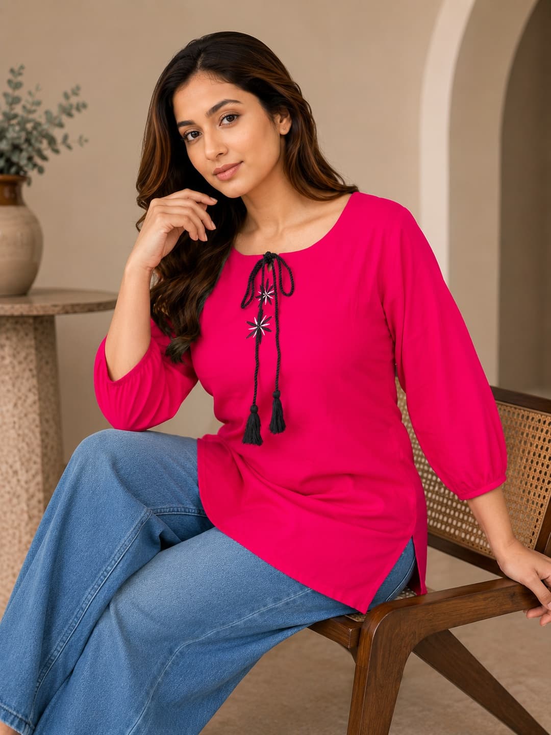 Pink Tie-Up Top with Tassels - View 4