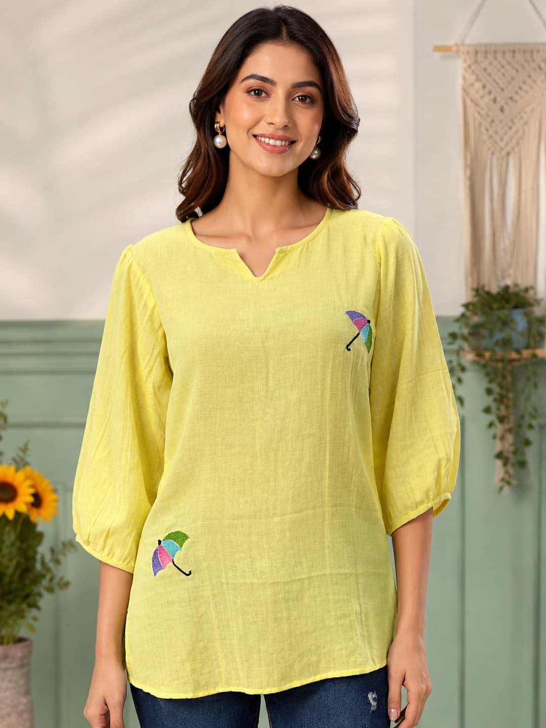 Embroidered Yellow Casual Top