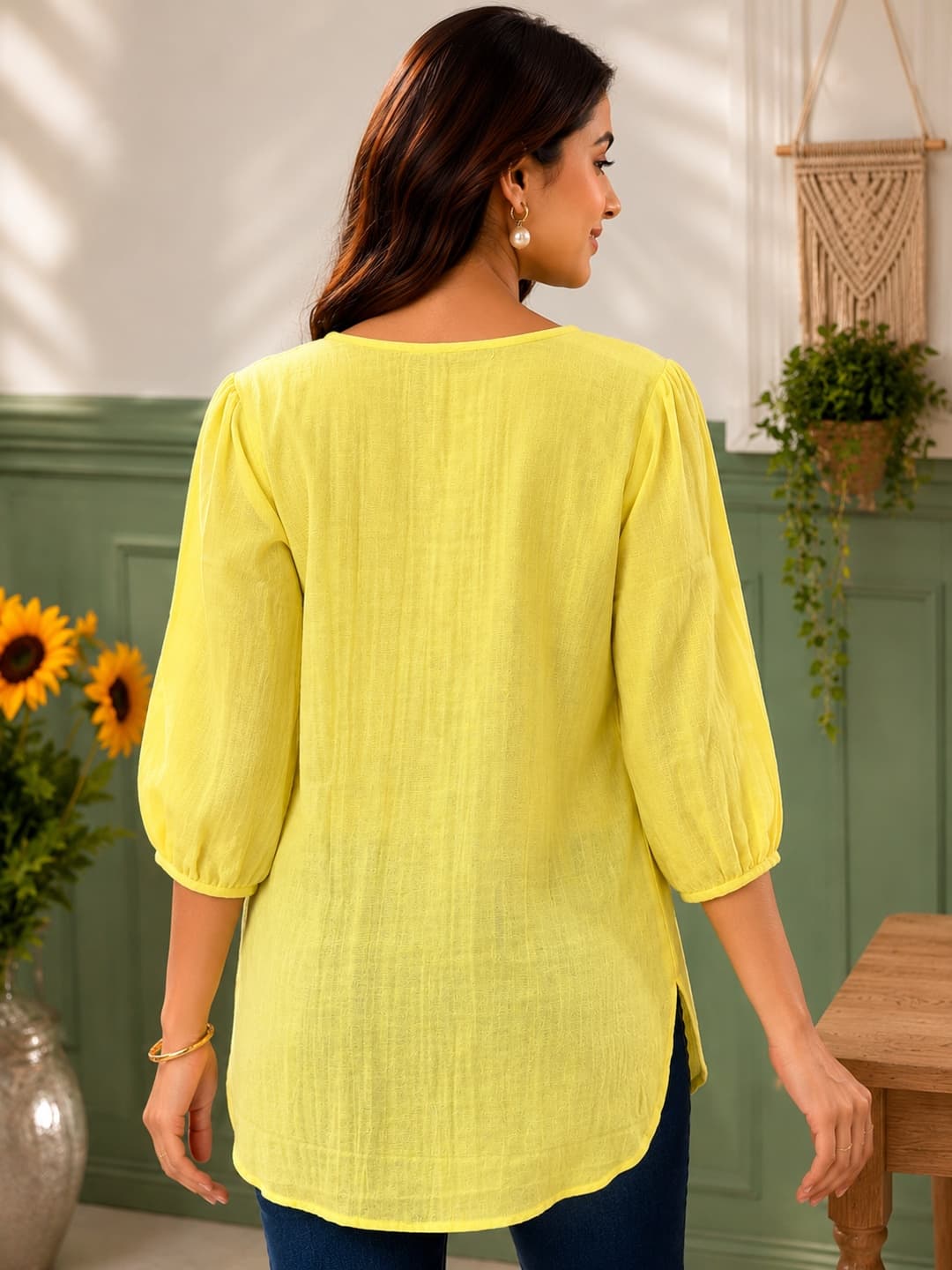 Embroidered Yellow Casual Top - View 3