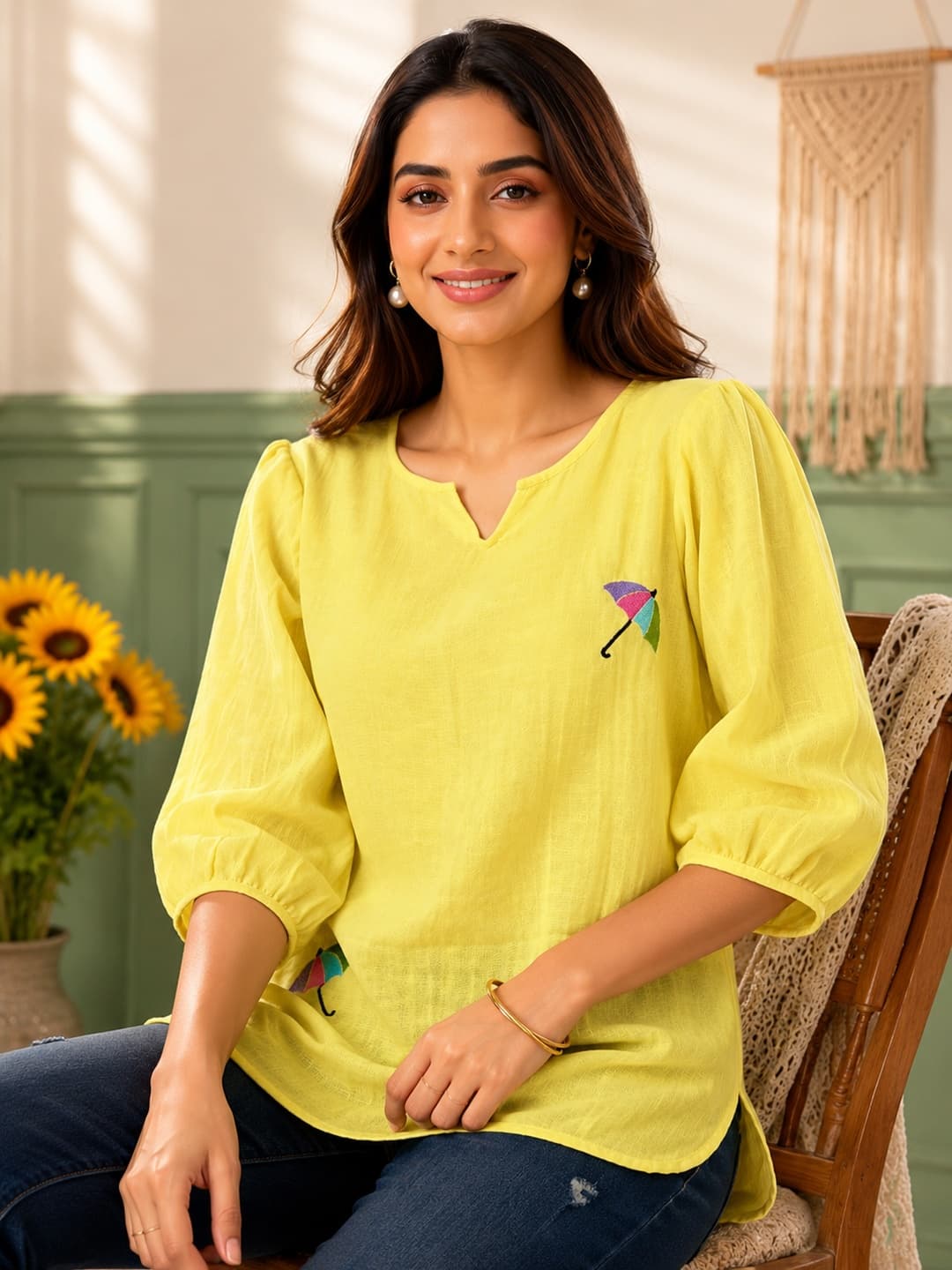 Embroidered Yellow Casual Top - View 4