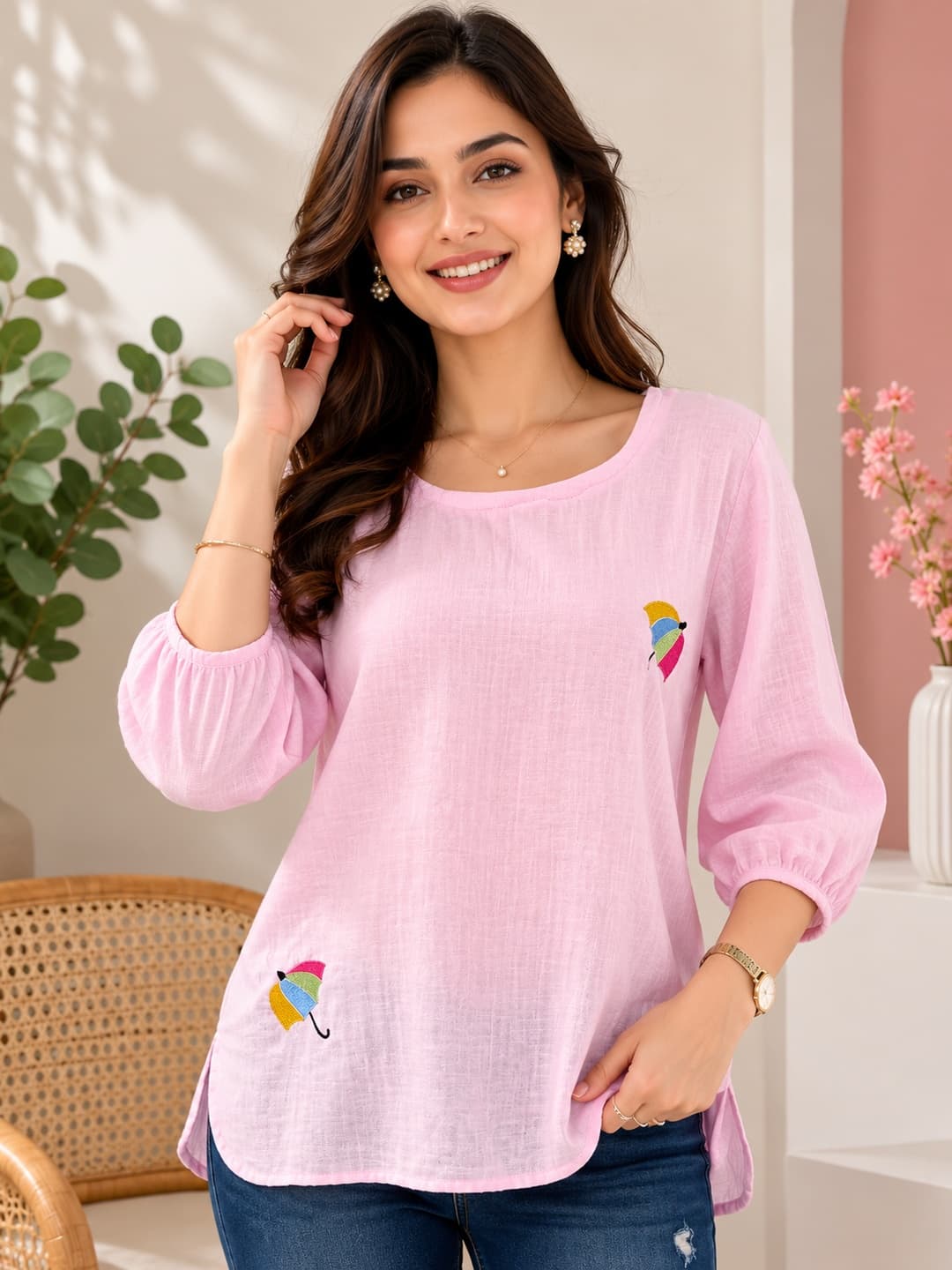 Embroidered Umbrella Pink Top