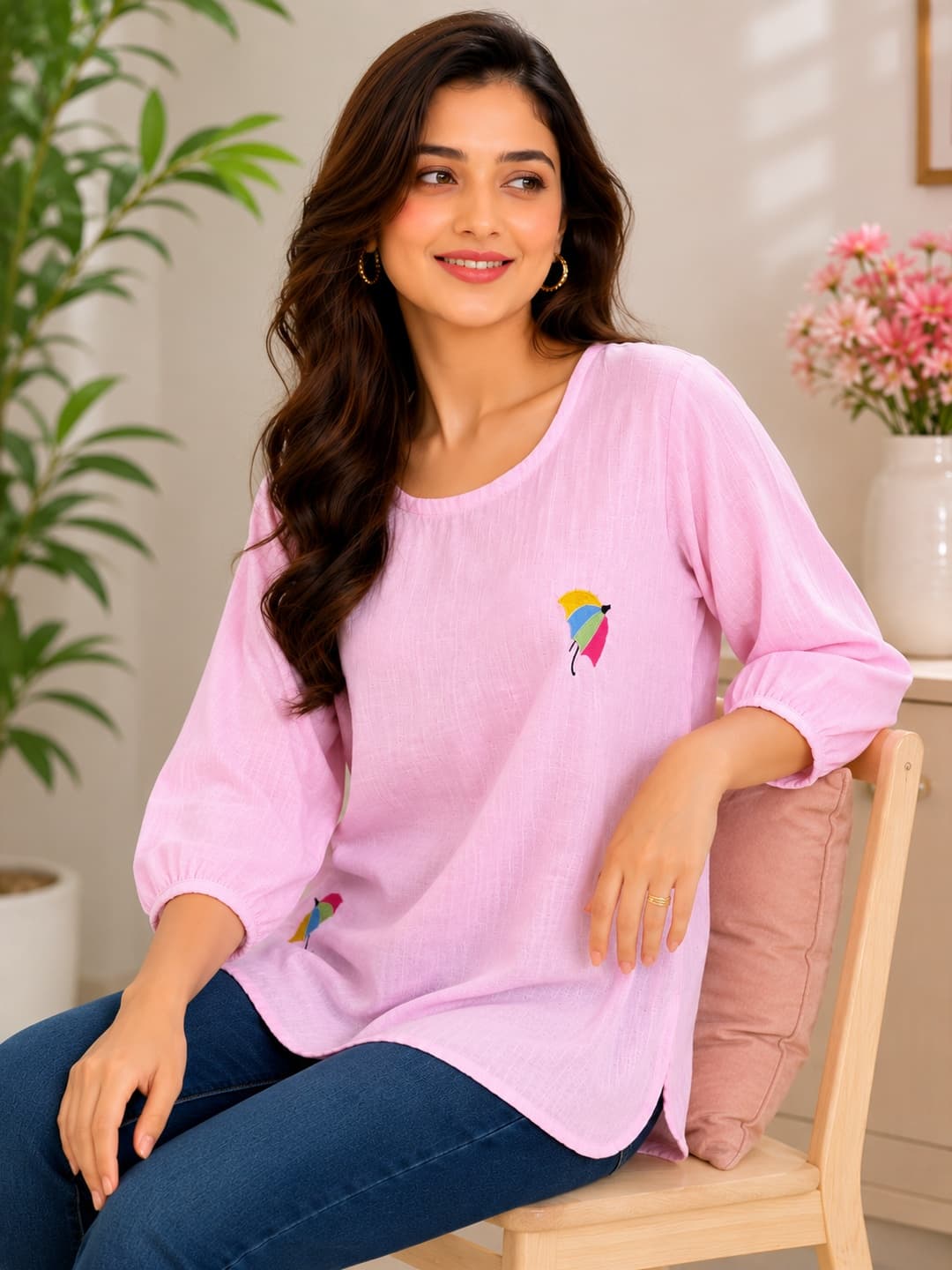 Embroidered Umbrella Pink Top - View 4