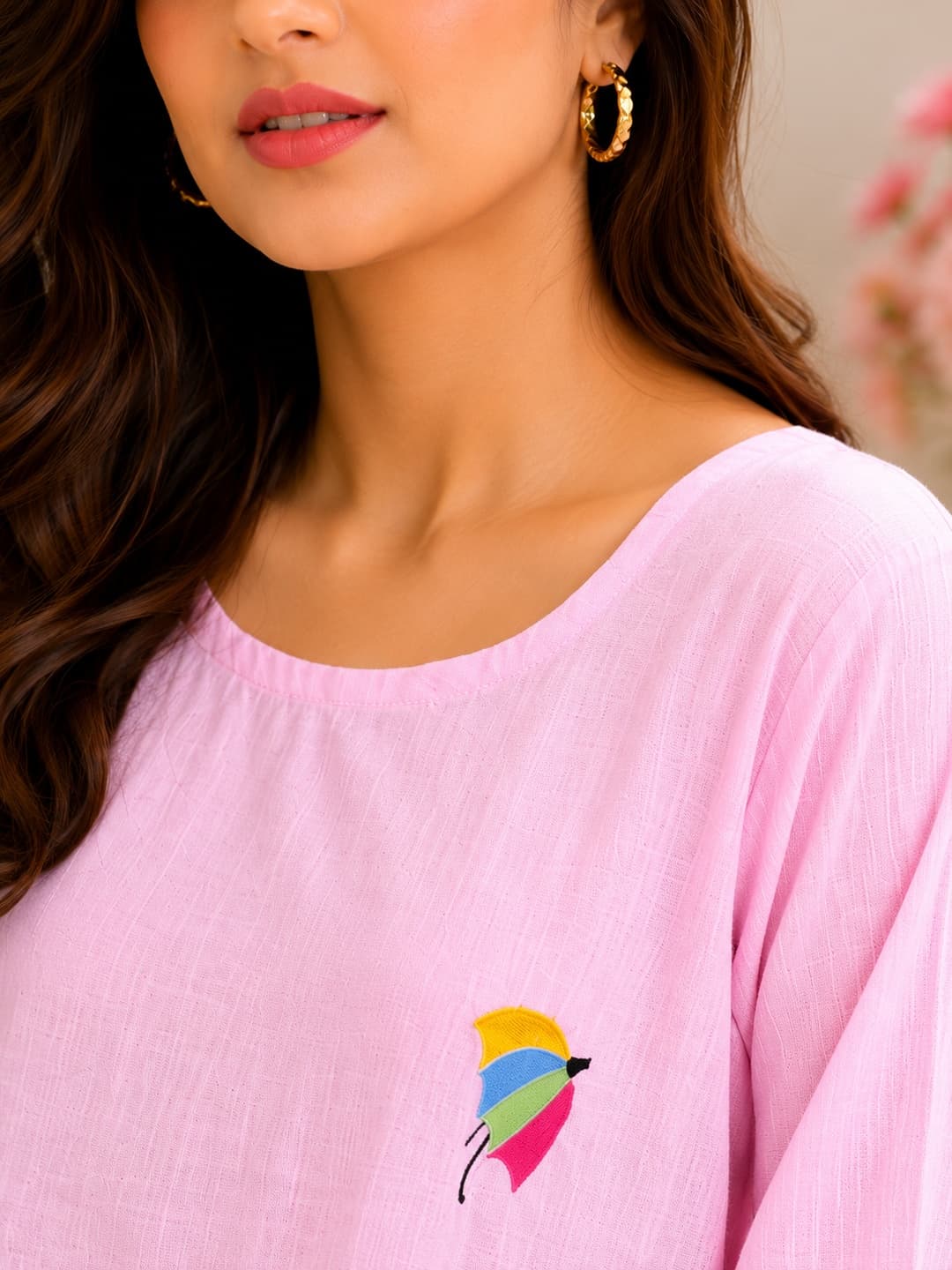 Embroidered Umbrella Pink Top - View 0