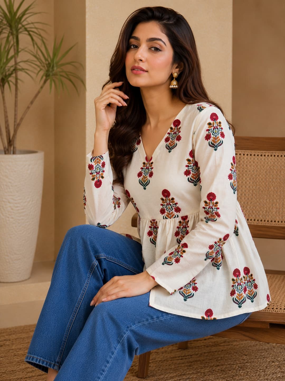 Floral Embroidered Peplum Top - View 4