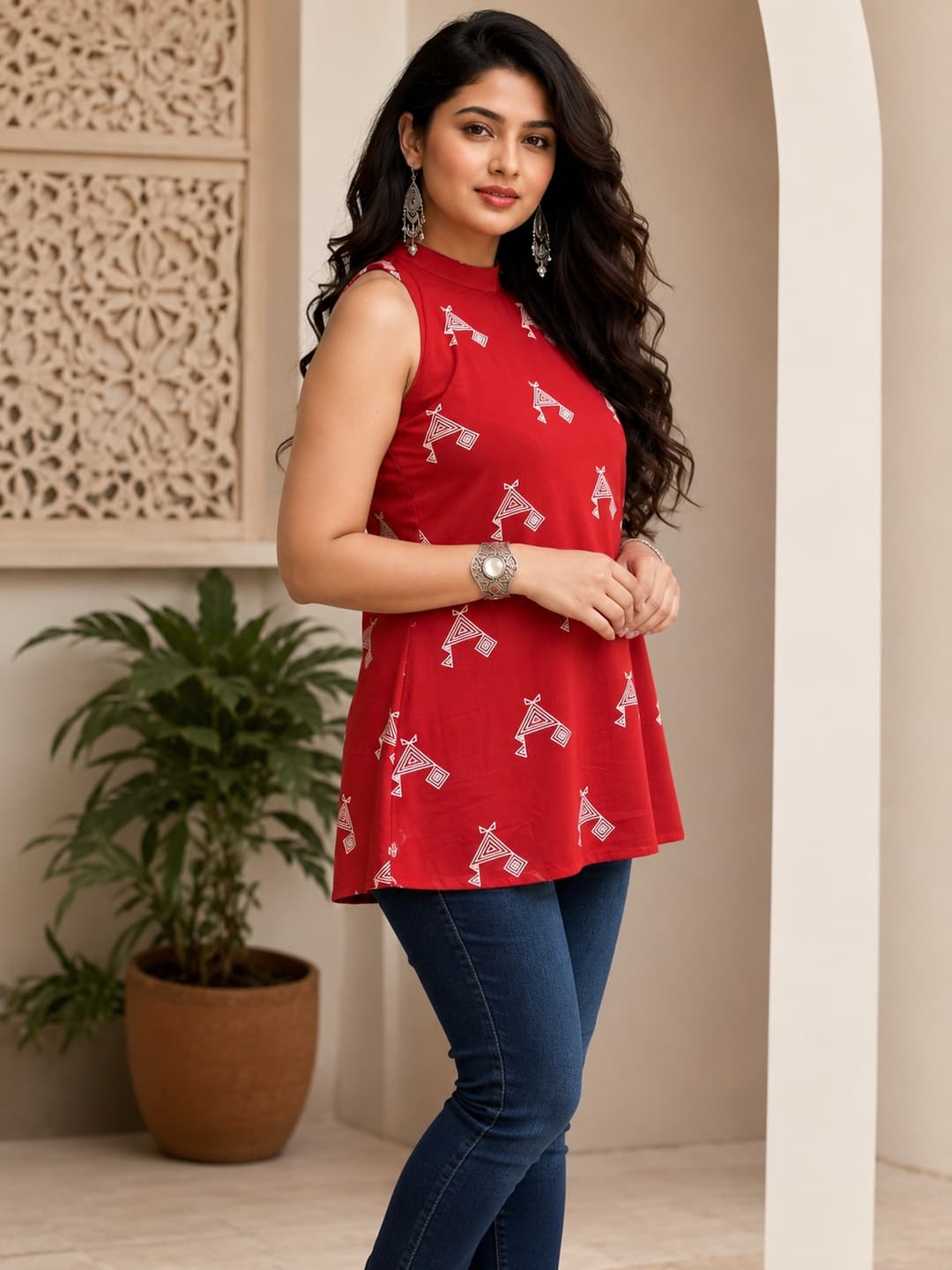 Red Geometric Printed Sleeveless Top