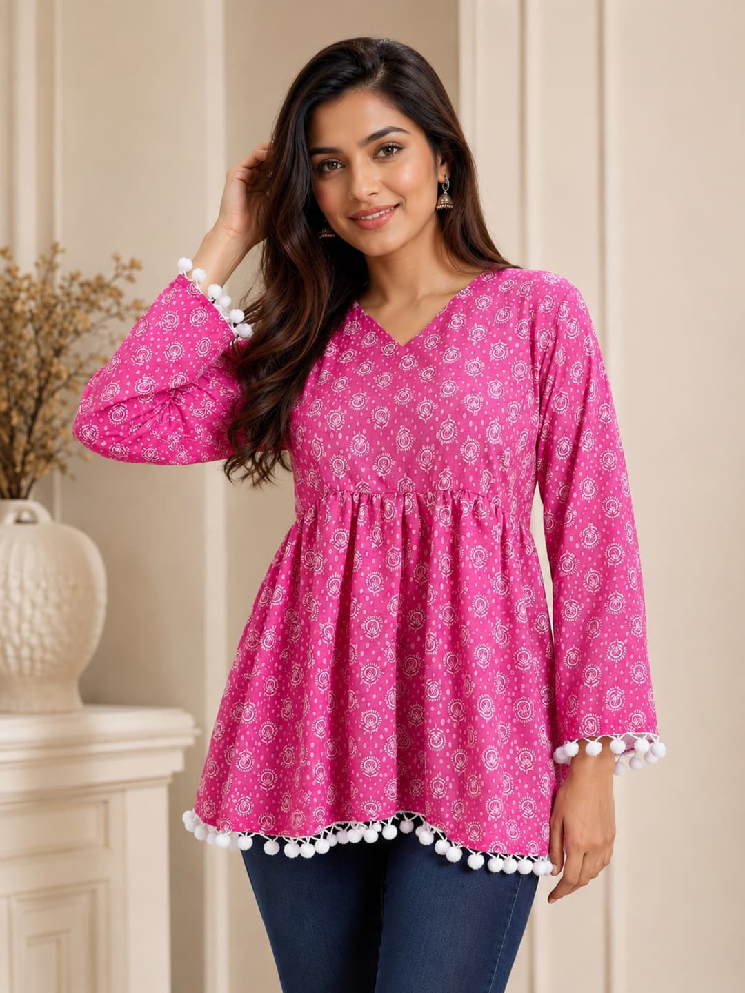 Floral Print Pink Top with Pom-Pom Detailing
