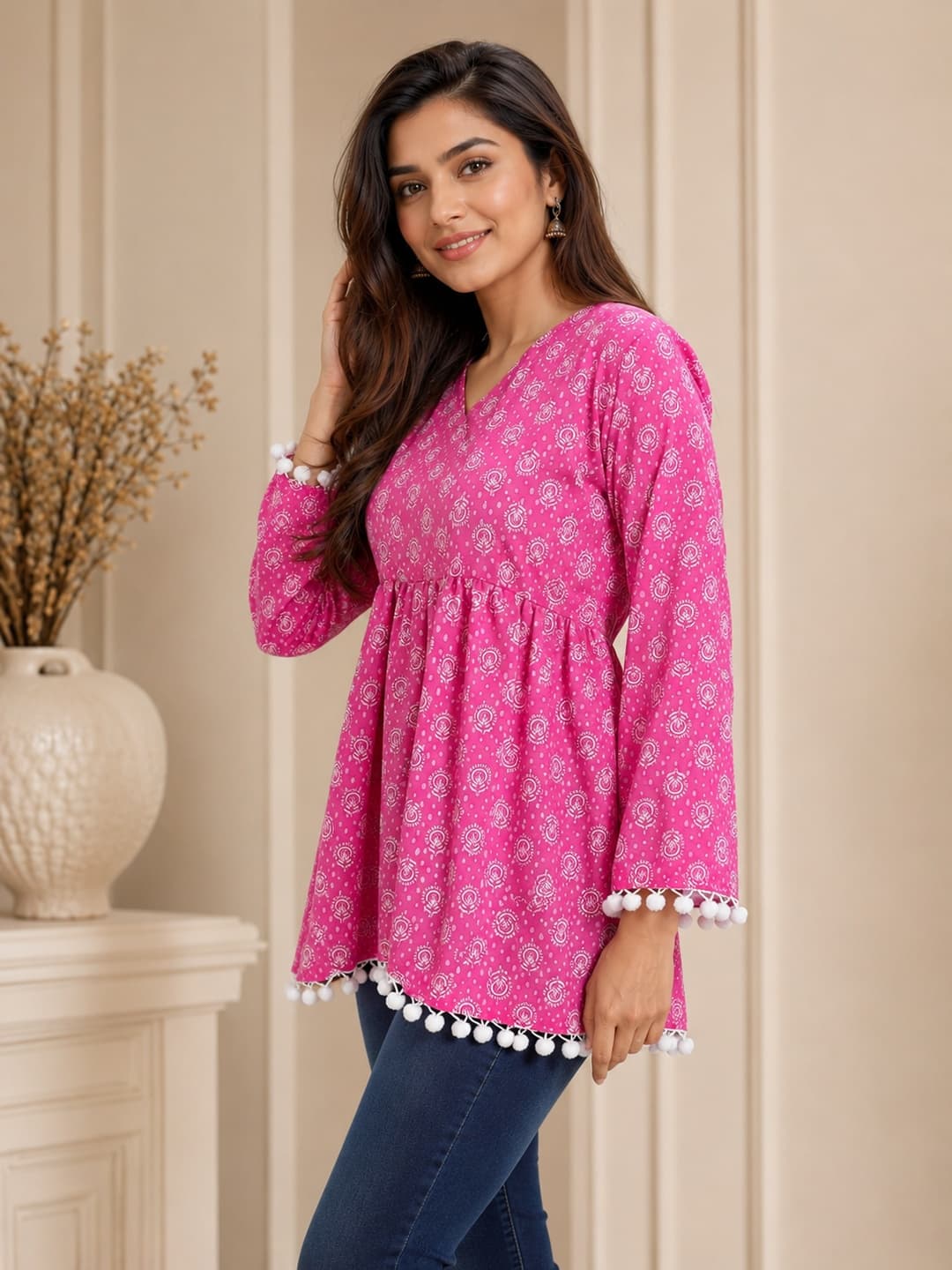 Floral Print Pink Top with Pom-Pom Detailing