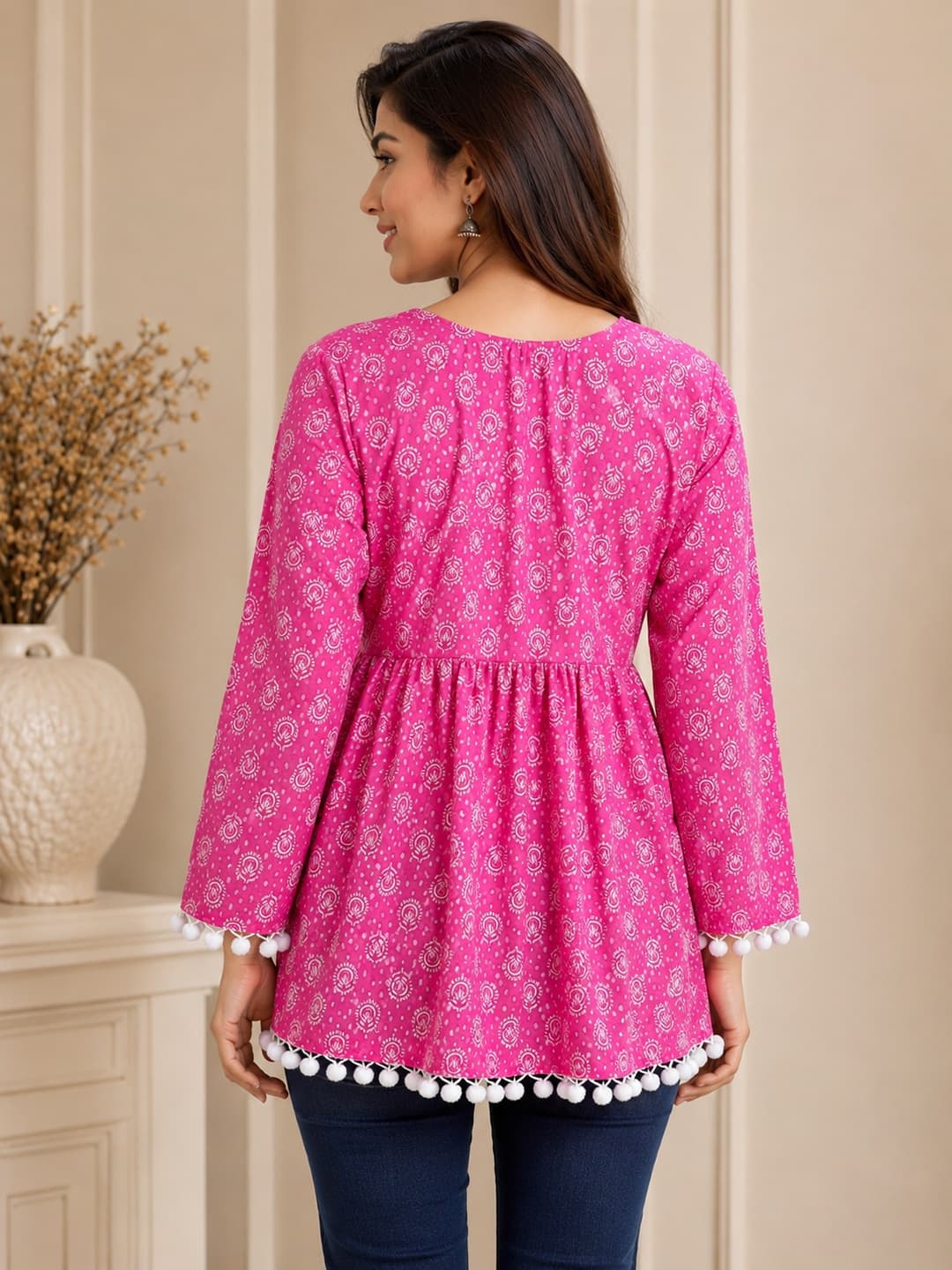 Floral Print Pink Top with Pom-Pom Detailing - View 3