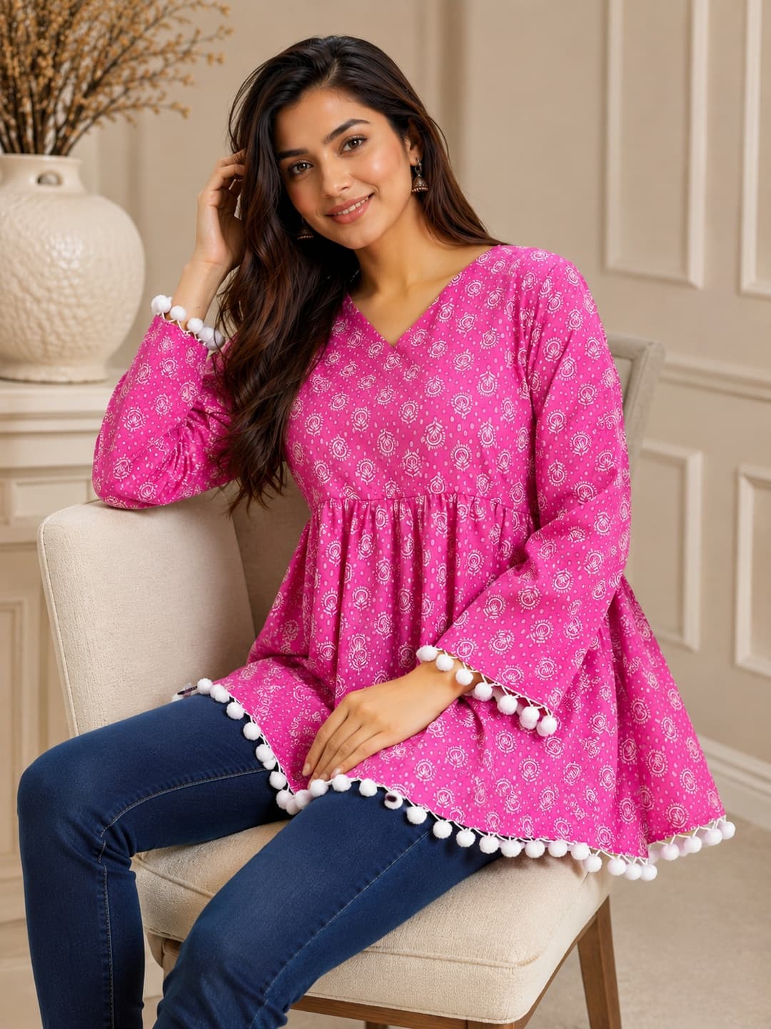 Floral Print Pink Top with Pom-Pom Detailing - View 4