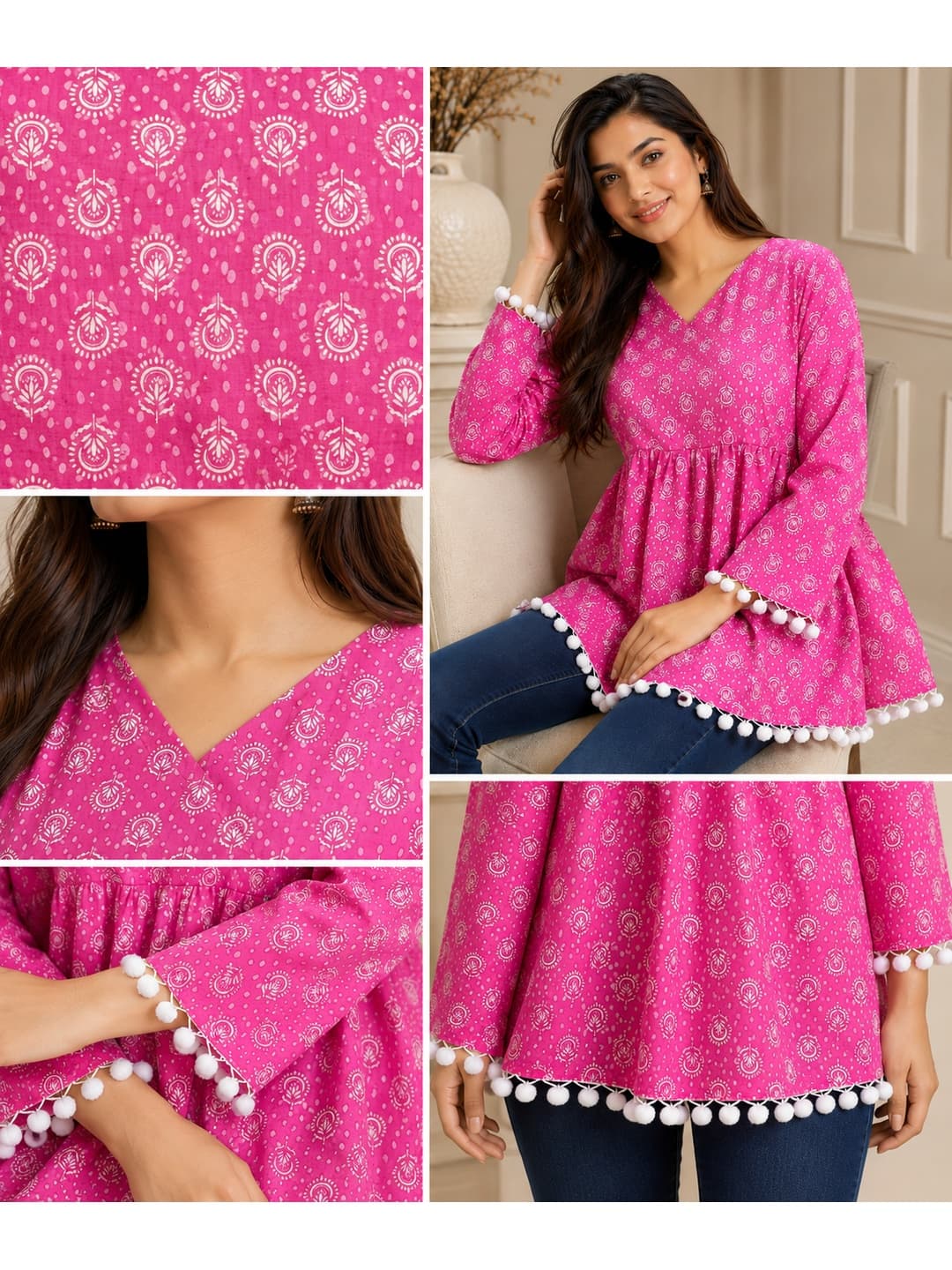 Floral Print Pink Top with Pom-Pom Detailing - View 0