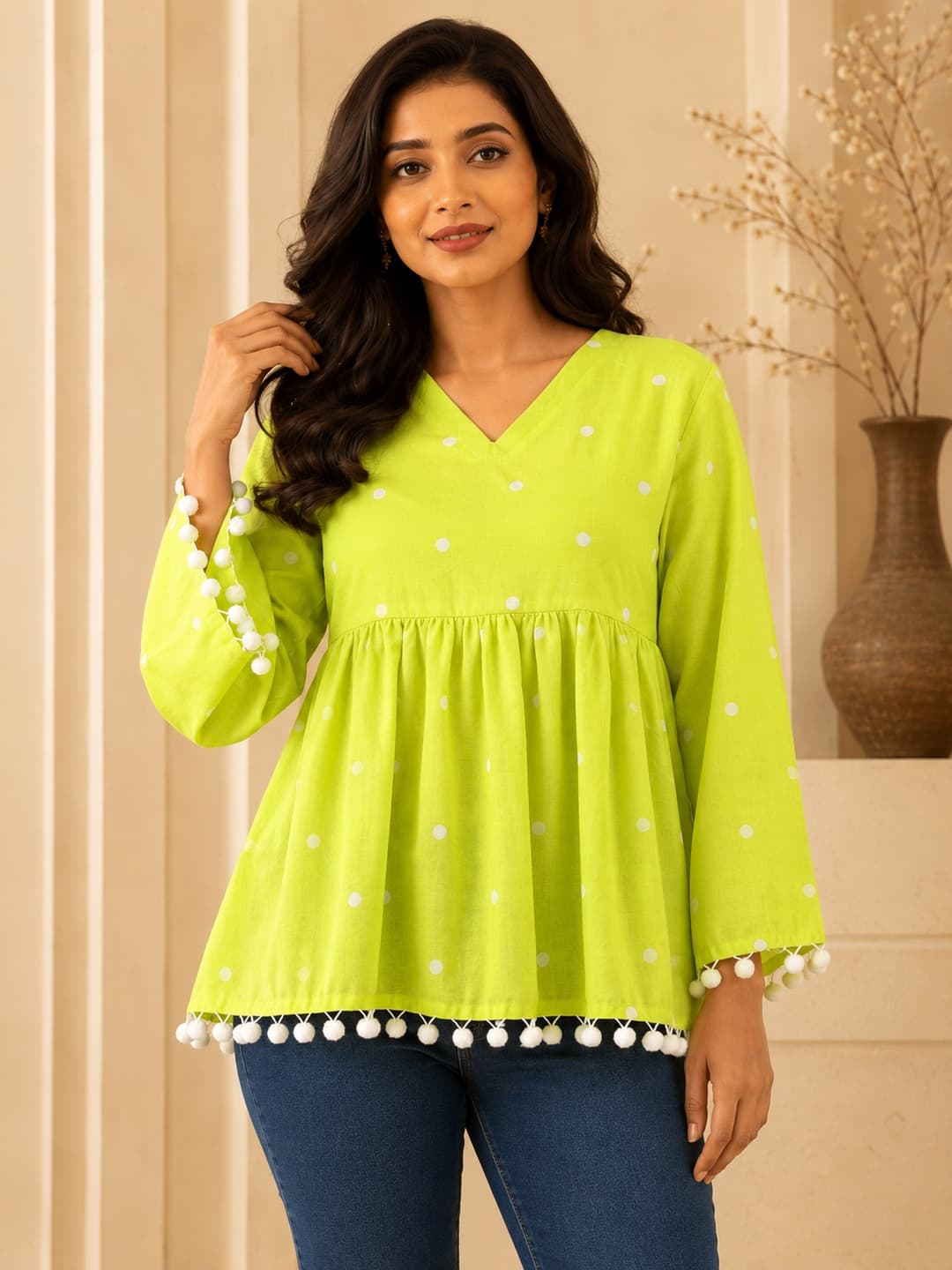 Lime Green Flared Top with Polka Dots