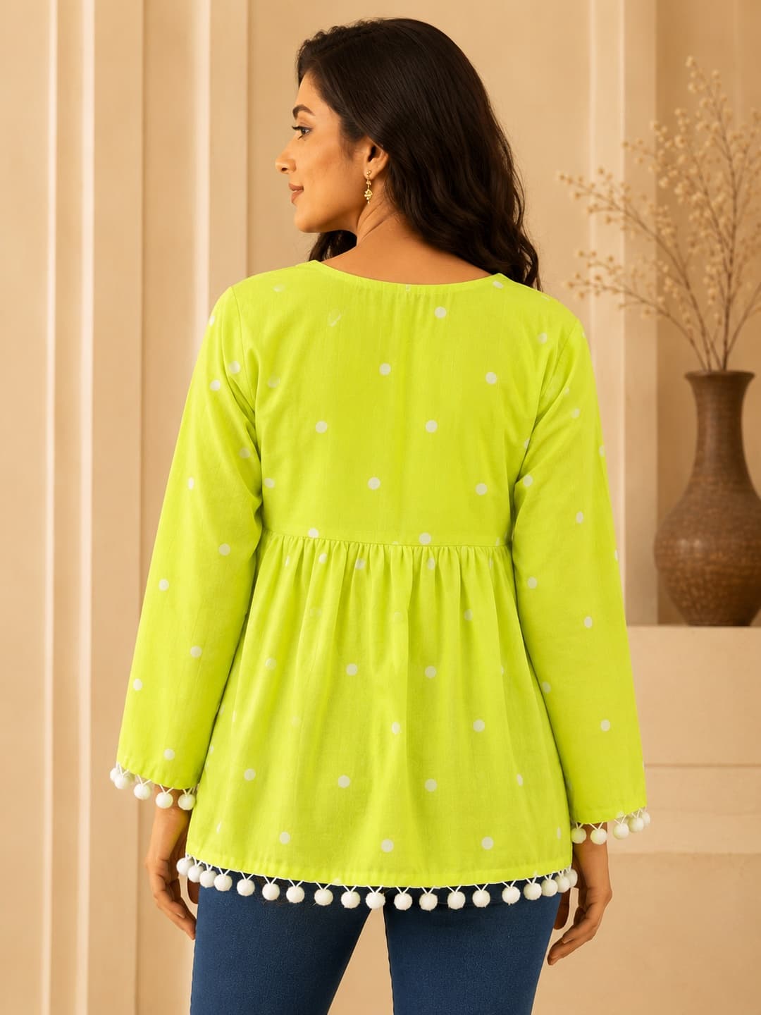 Lime Green Flared Top with Polka Dots - View 3