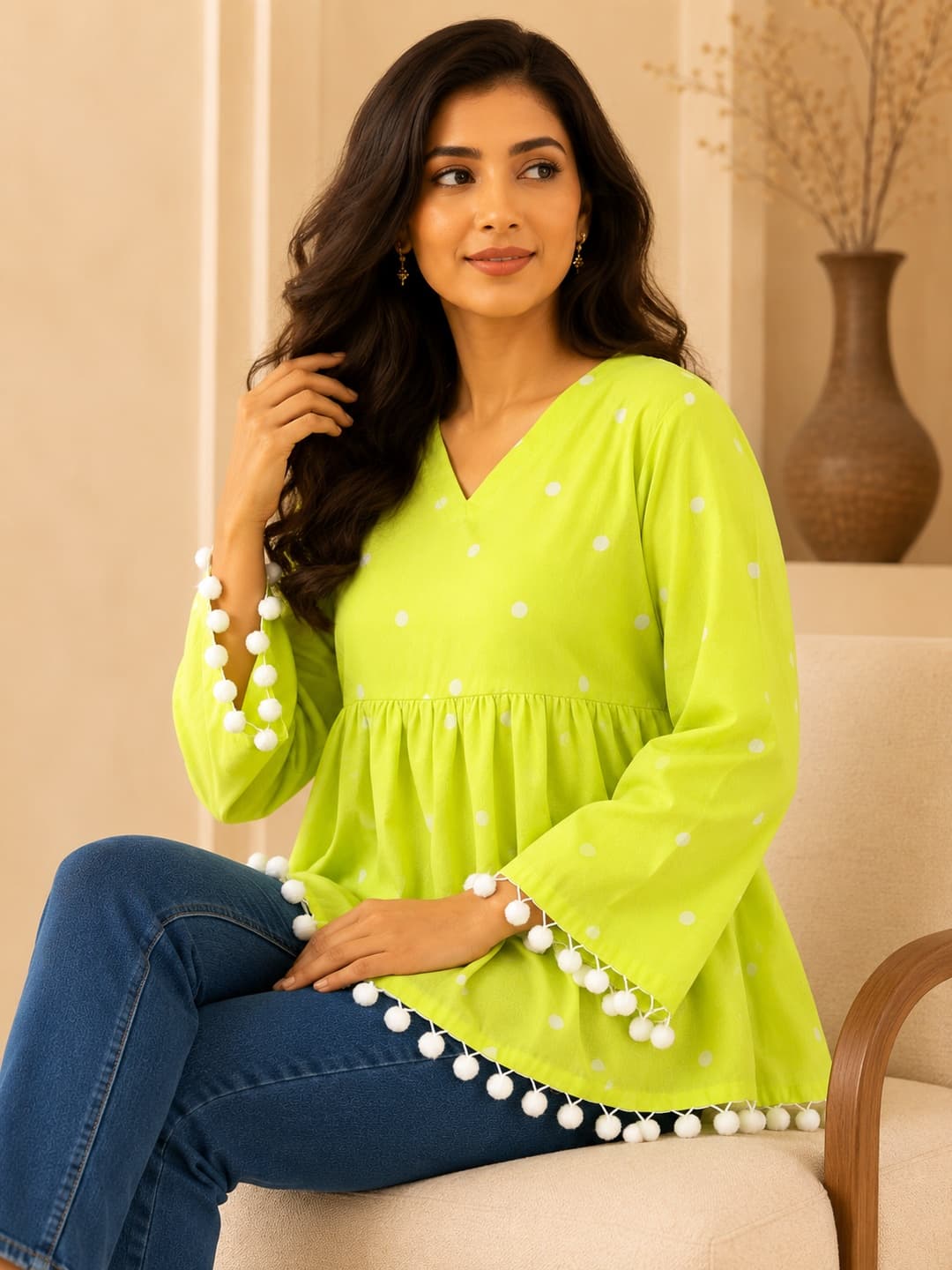 Lime Green Flared Top with Polka Dots - View 4