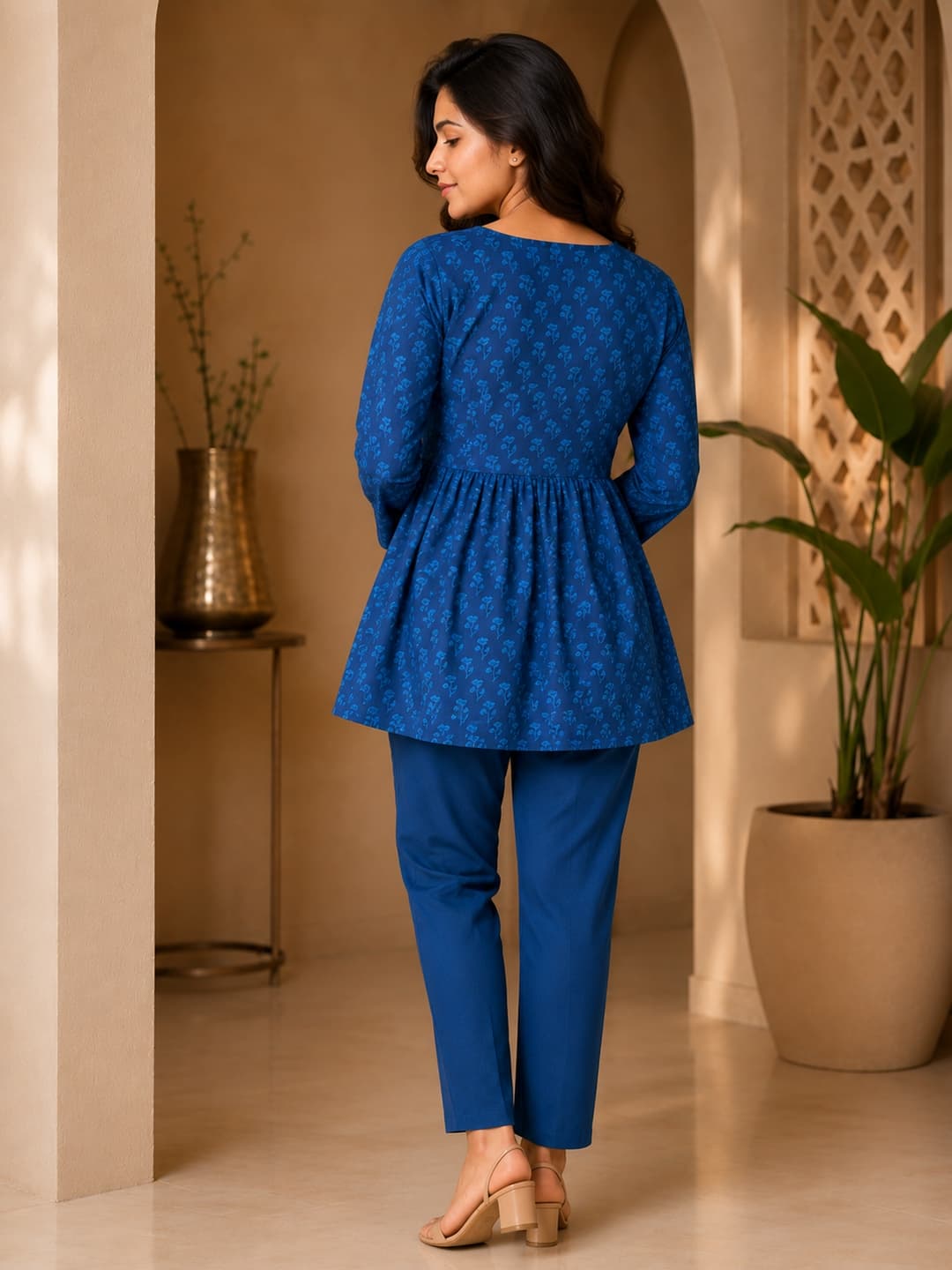 Blue Printed Peplum Top - View 3
