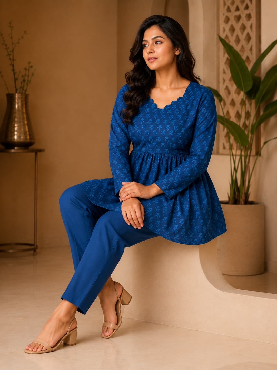 Blue Printed Peplum Top - View 4