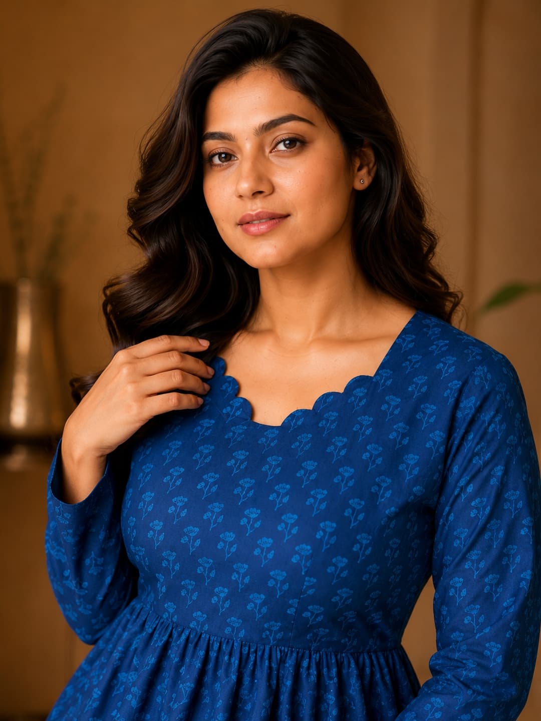 Blue Printed Peplum Top - View 0