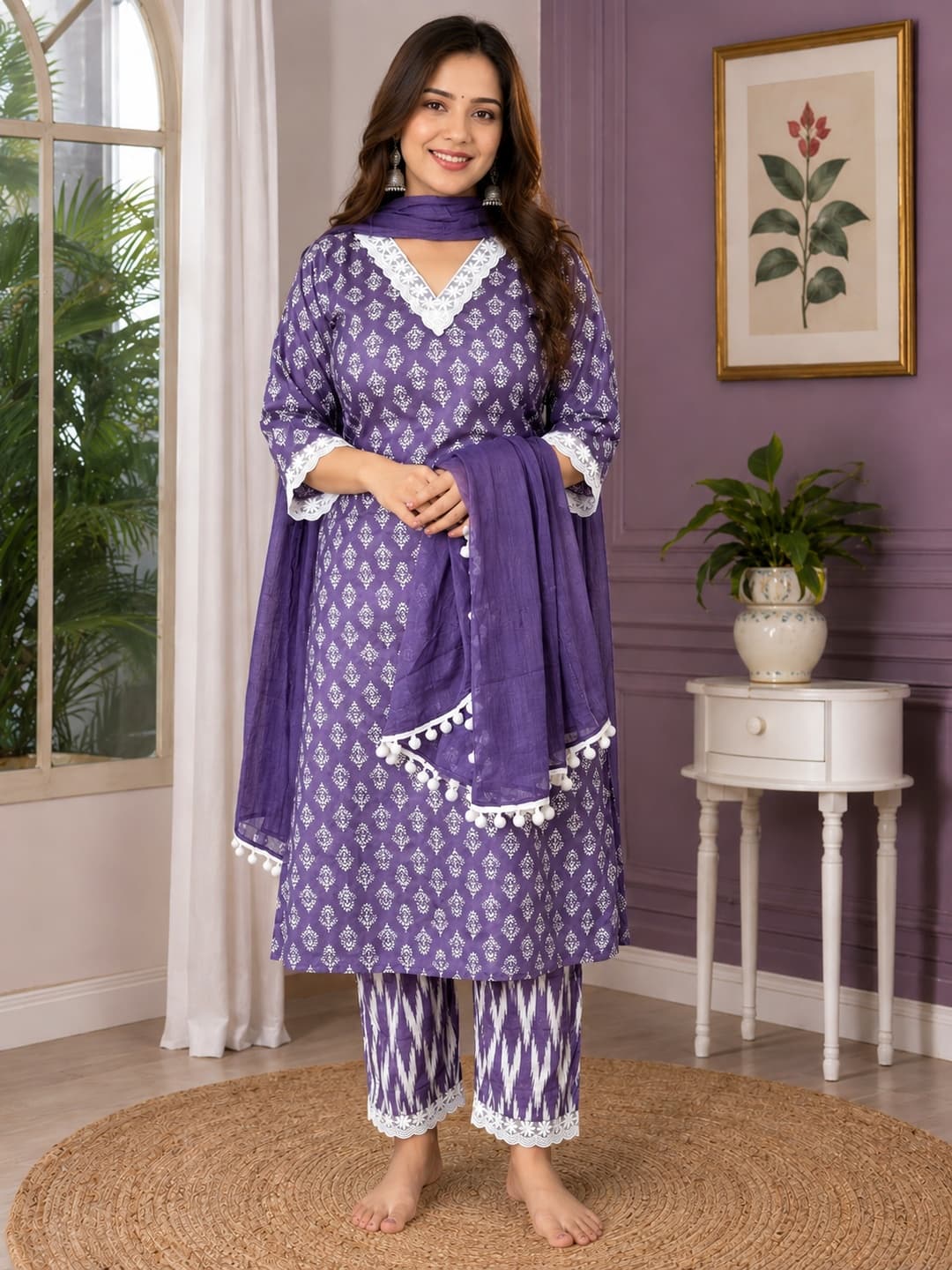 Purple Printed Kurta Set with Dupatta