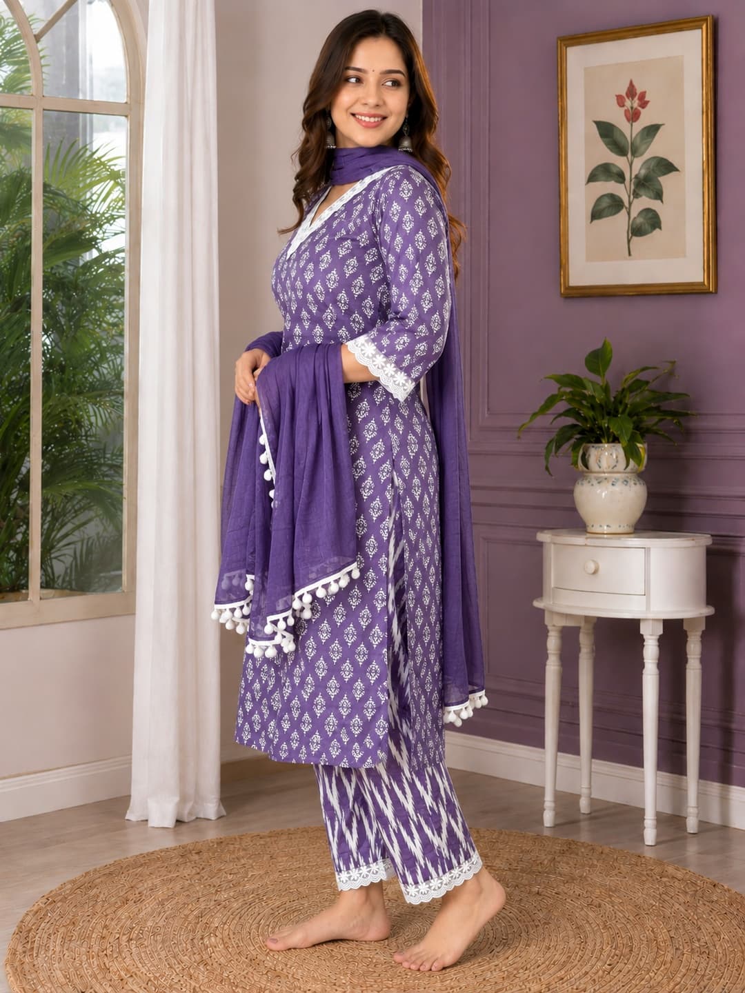 Purple Printed Kurta Set with Dupatta