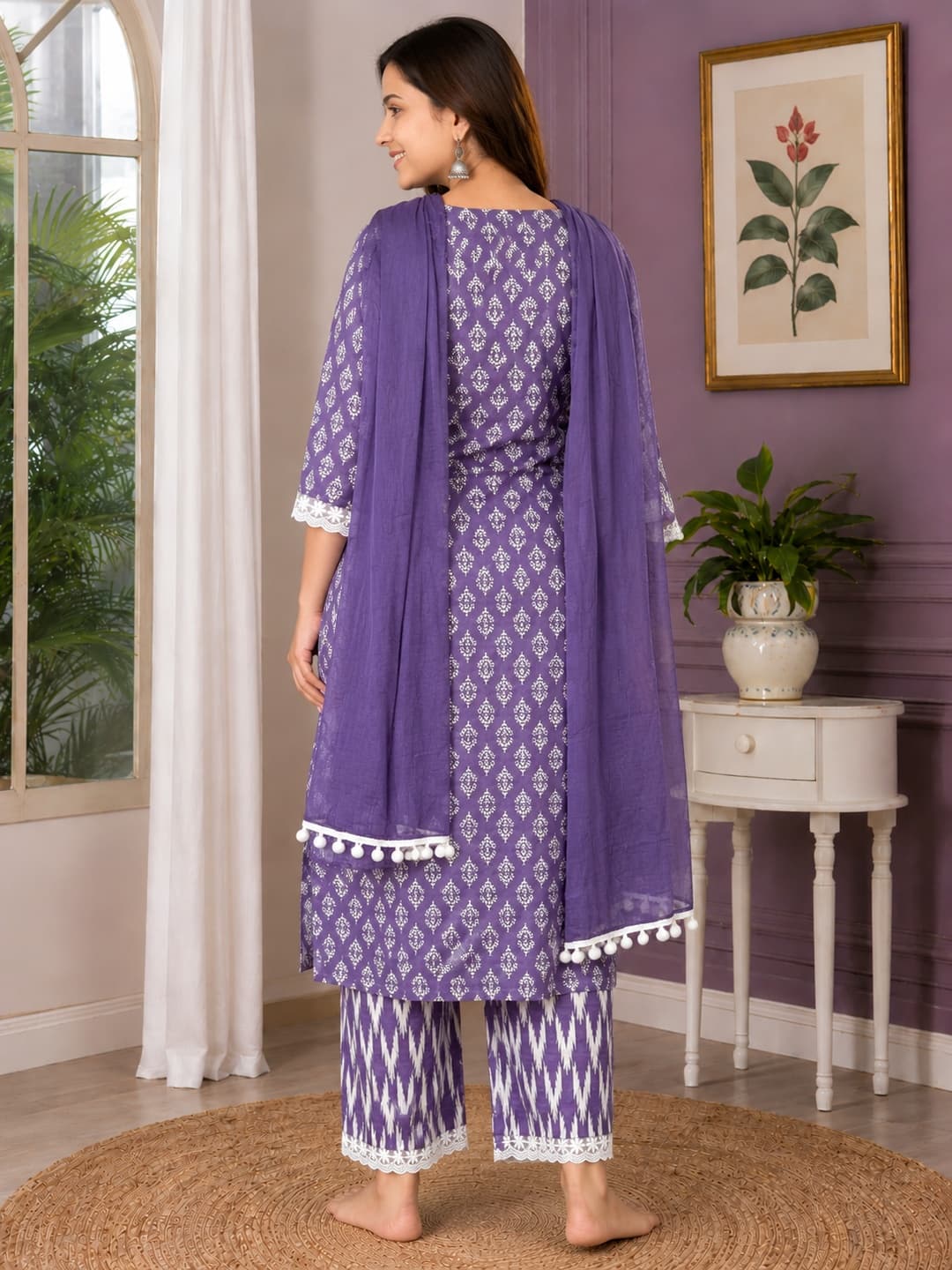 Purple Printed Kurta Set with Dupatta - View 3