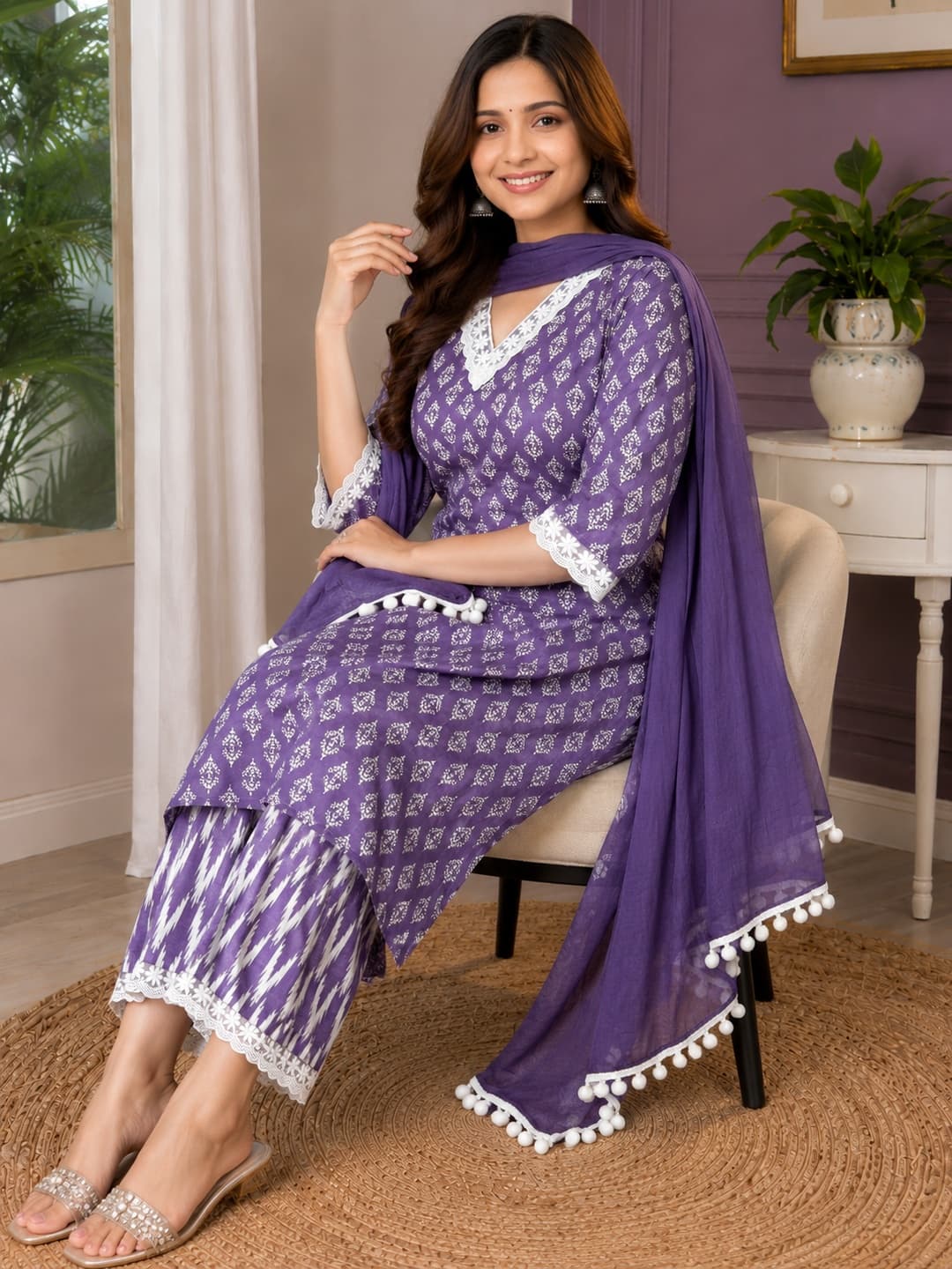 Purple Printed Kurta Set with Dupatta - View 4