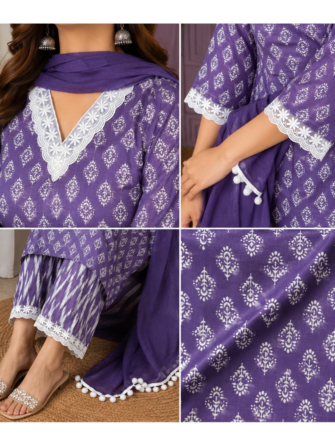 Purple Printed Kurta Set with Dupatta - View 0