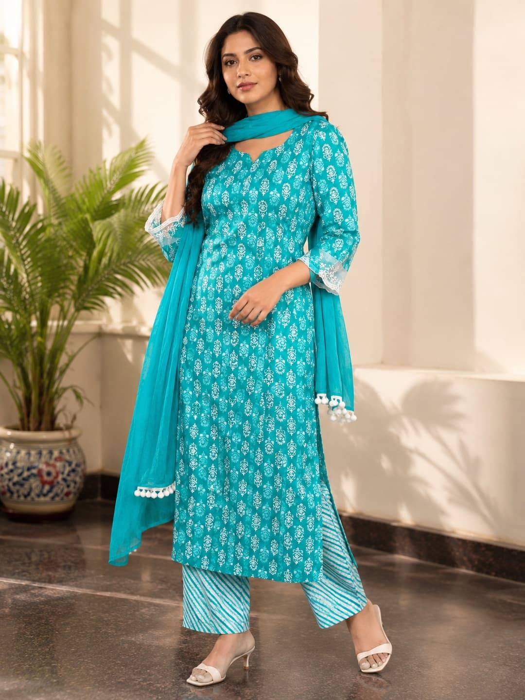 Turquoise Floral Kurta Set with Dupatta