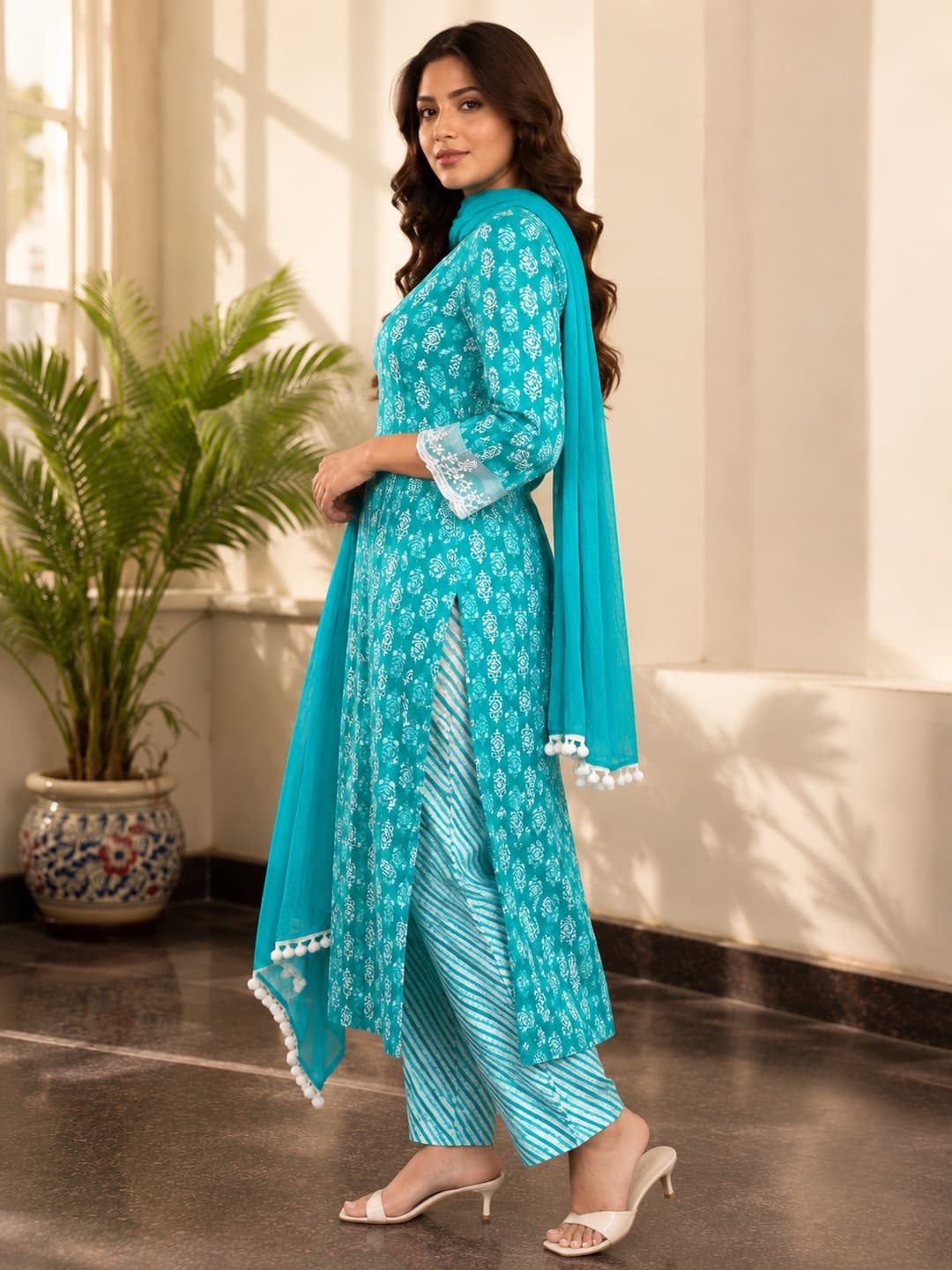 Turquoise Floral Kurta Set with Dupatta