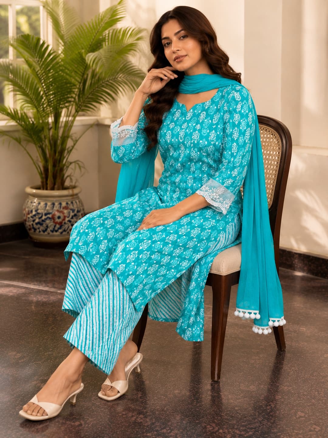 Turquoise Floral Kurta Set with Dupatta - View 4