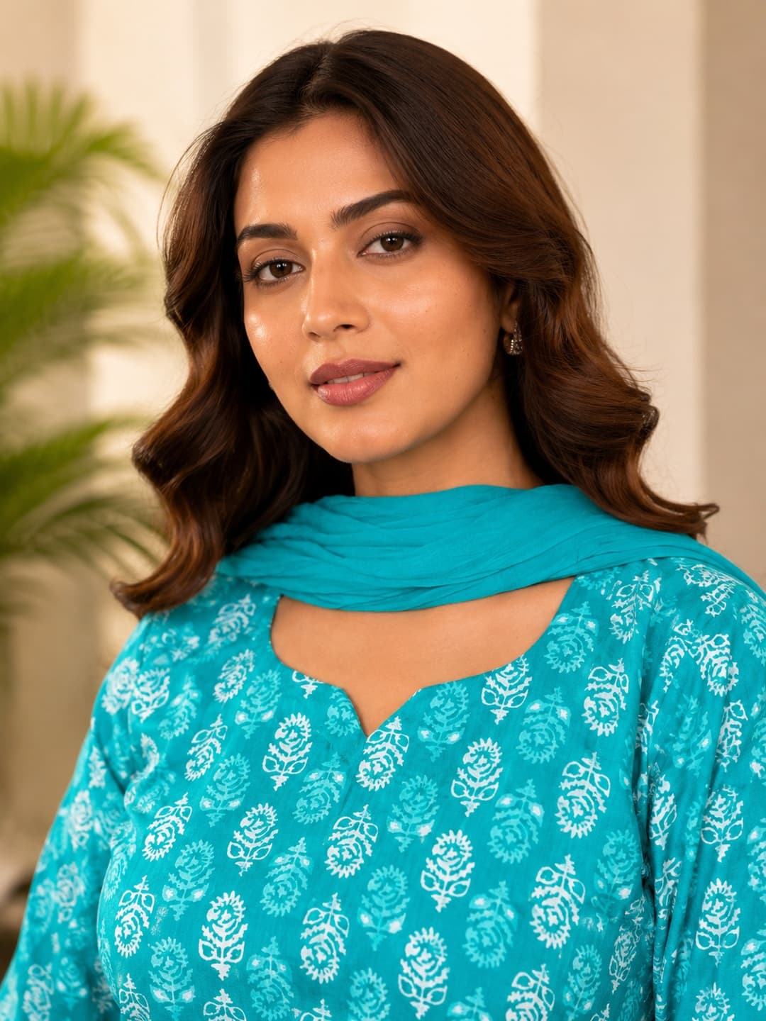 Turquoise Floral Kurta Set with Dupatta - View 0