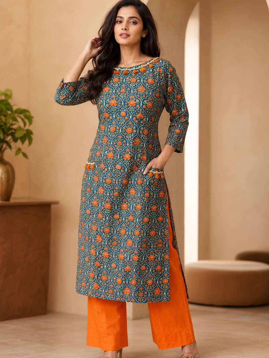 Floral Printed Green Kurta with Orange Palazzos