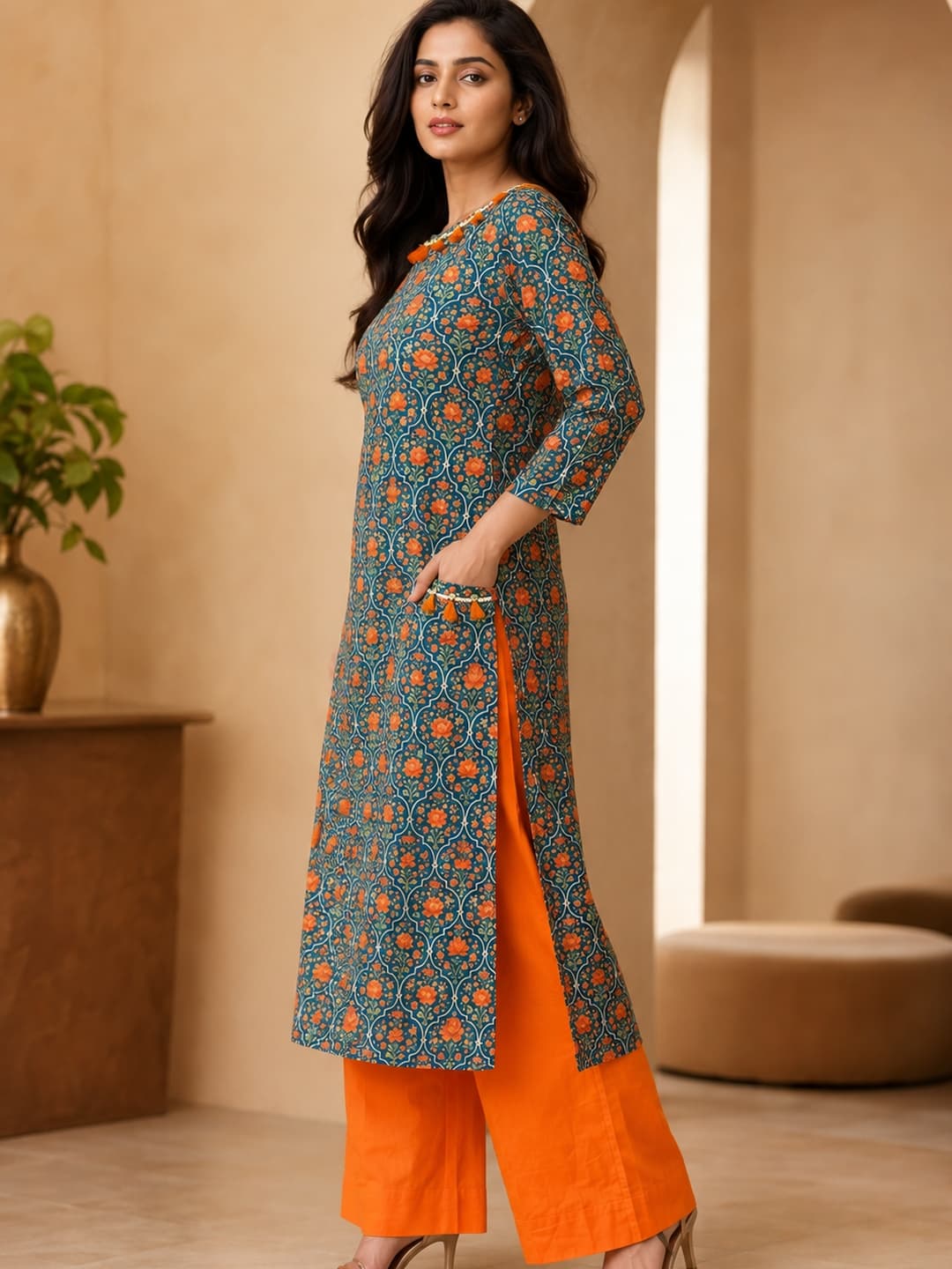 Floral Printed Green Kurta with Orange Palazzos
