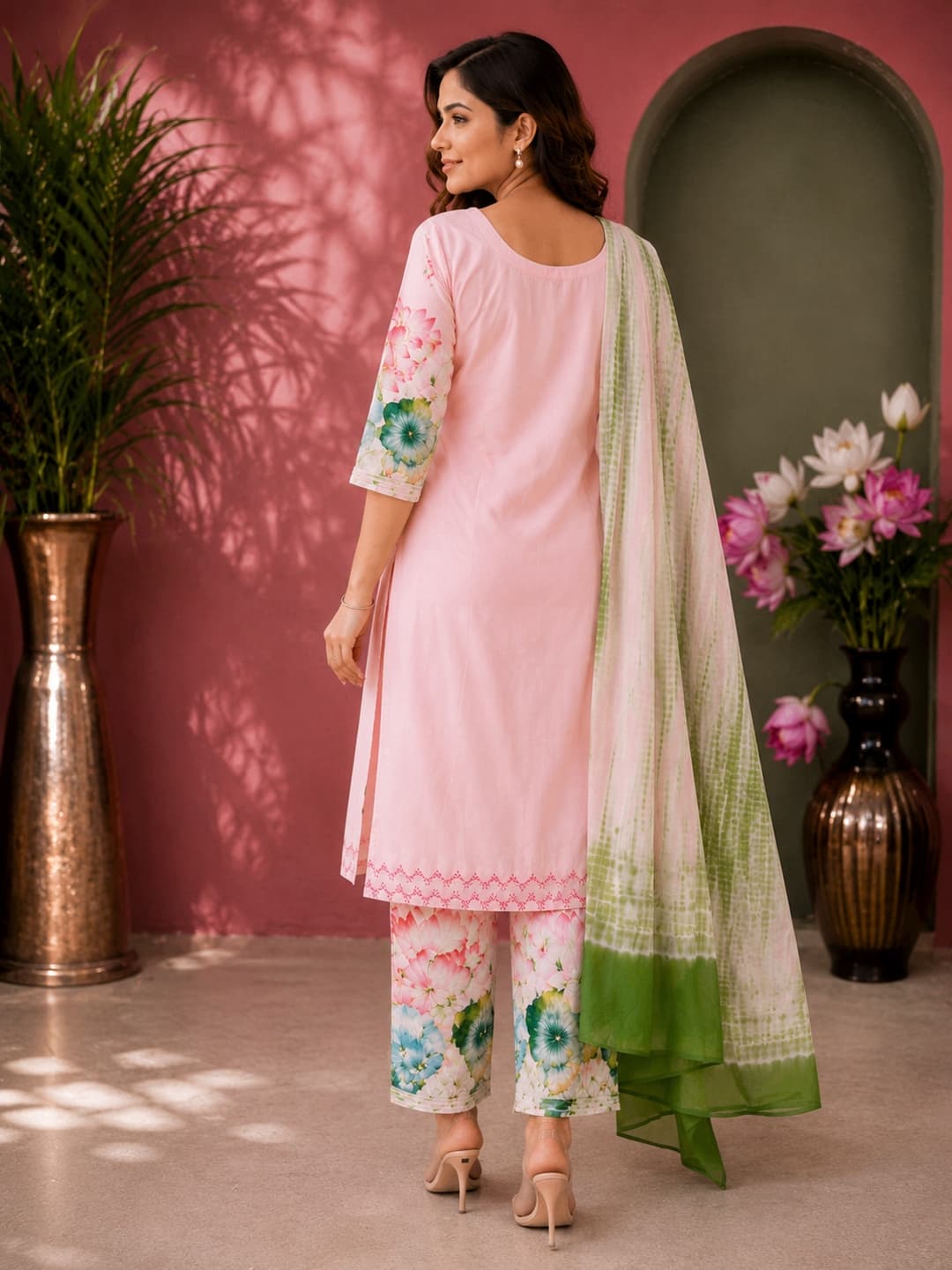 Peach Lotus Kurta Set - View 3