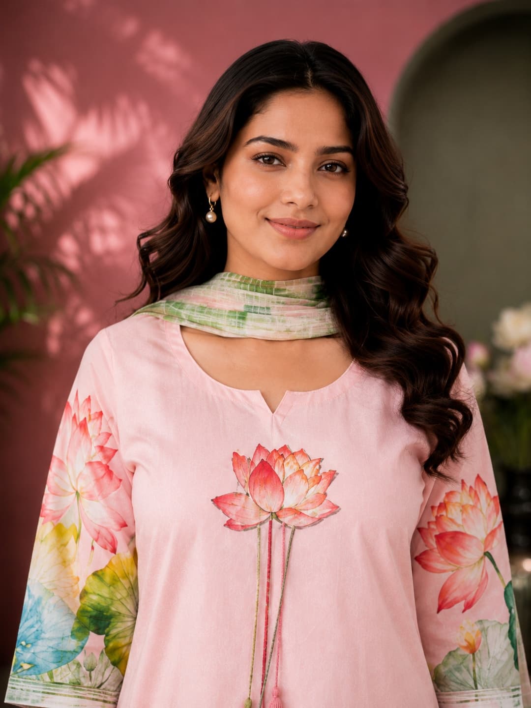 Peach Lotus Kurta Set - View 0
