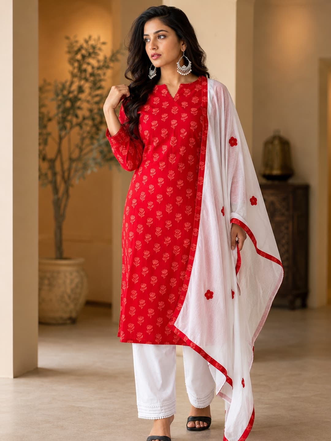 Red Cotton Kurta Set