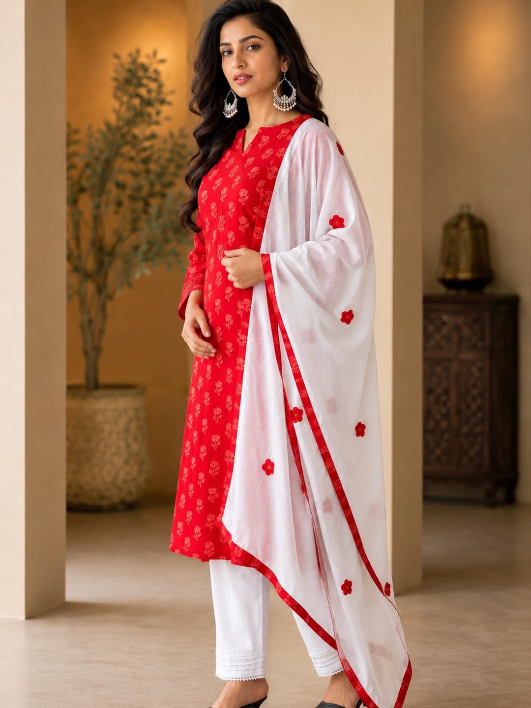 Red Cotton Kurta Set