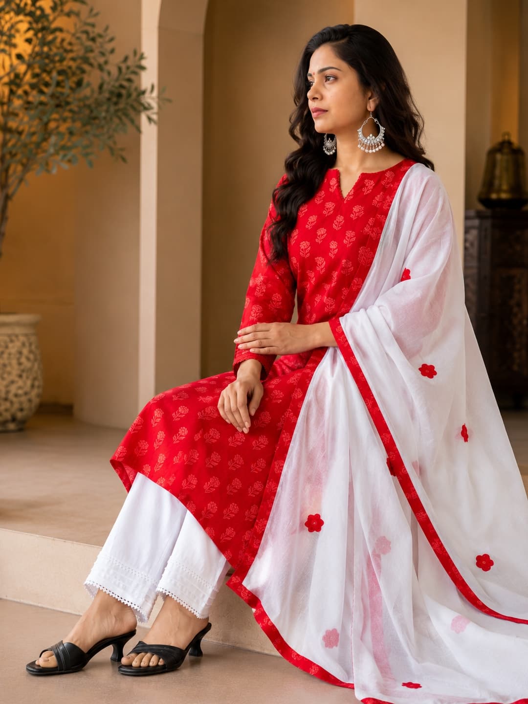Red Cotton Kurta Set - View 4