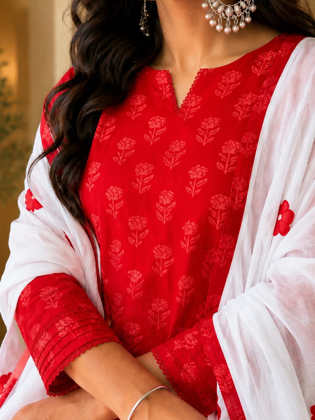 Red Cotton Kurta Set - View 5
