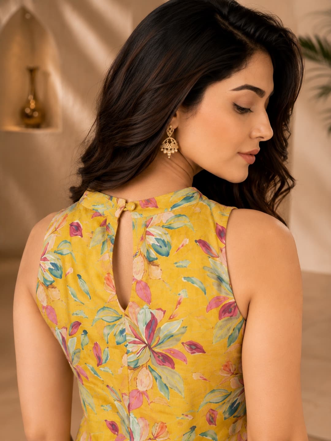 Yellow Floral Halter Neck Kurta Set - View 0