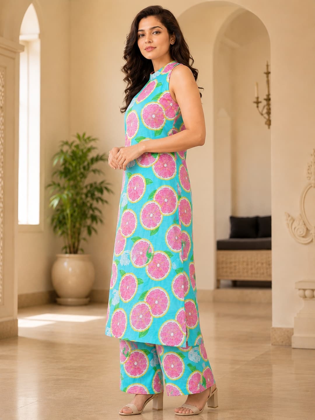 Sky Lemon Print Halter Neck Kurta Set