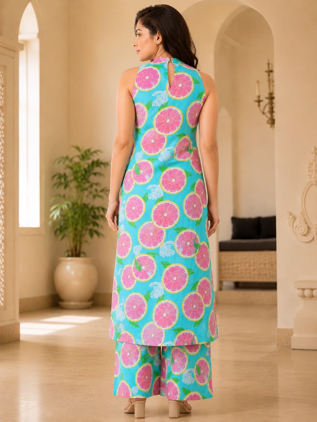 Sky Lemon Print Halter Neck Kurta Set - View 3
