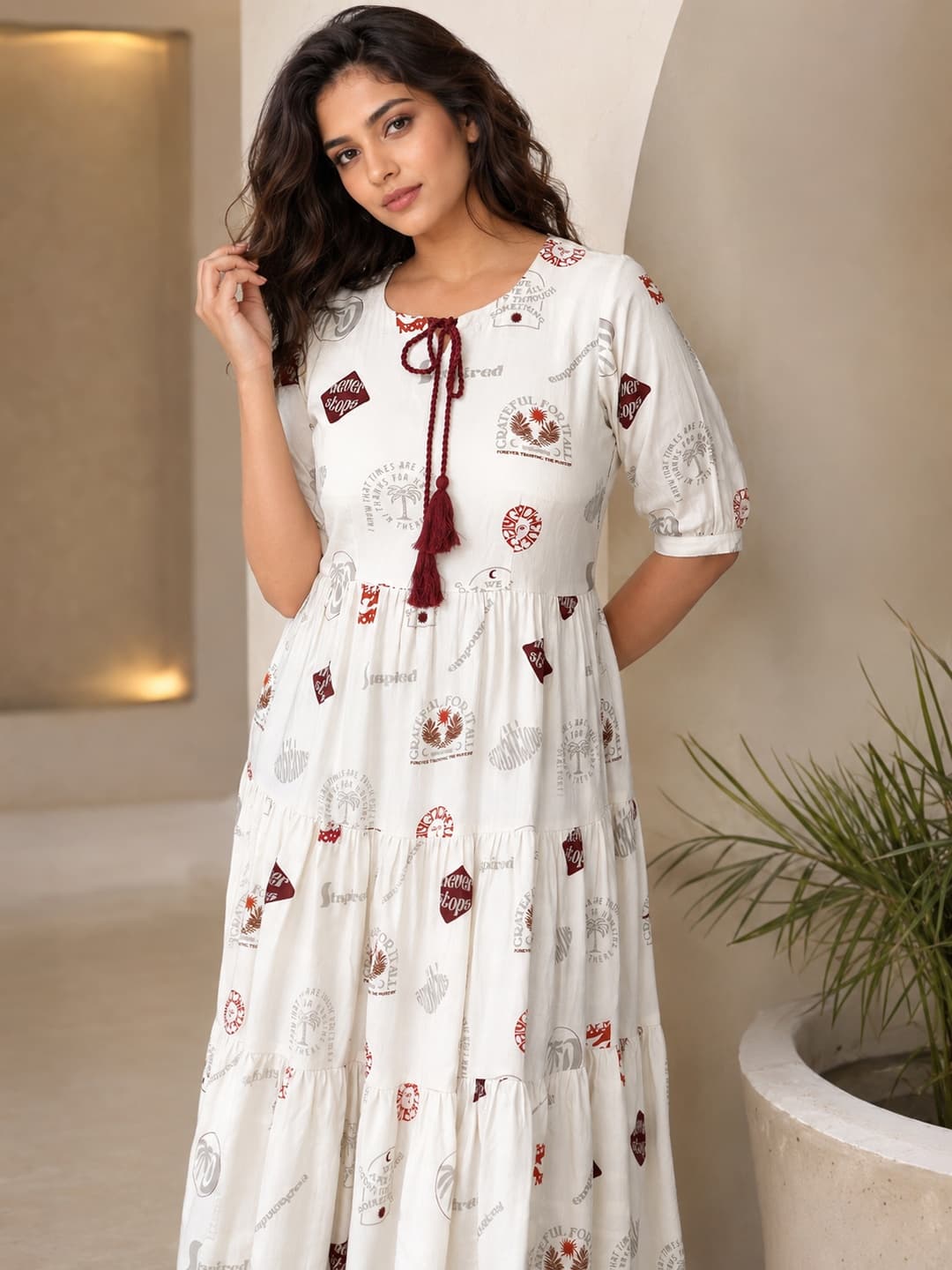 Off White Printed Maxi Dress with Tie-Up