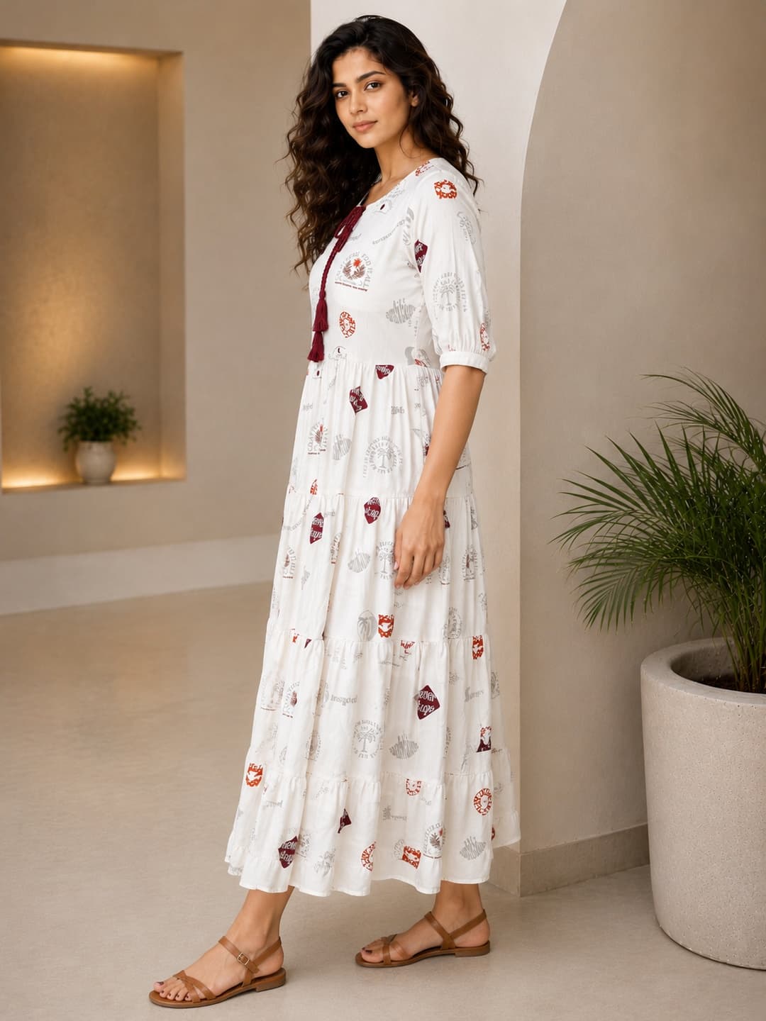 Off White Printed Maxi Dress with Tie-Up