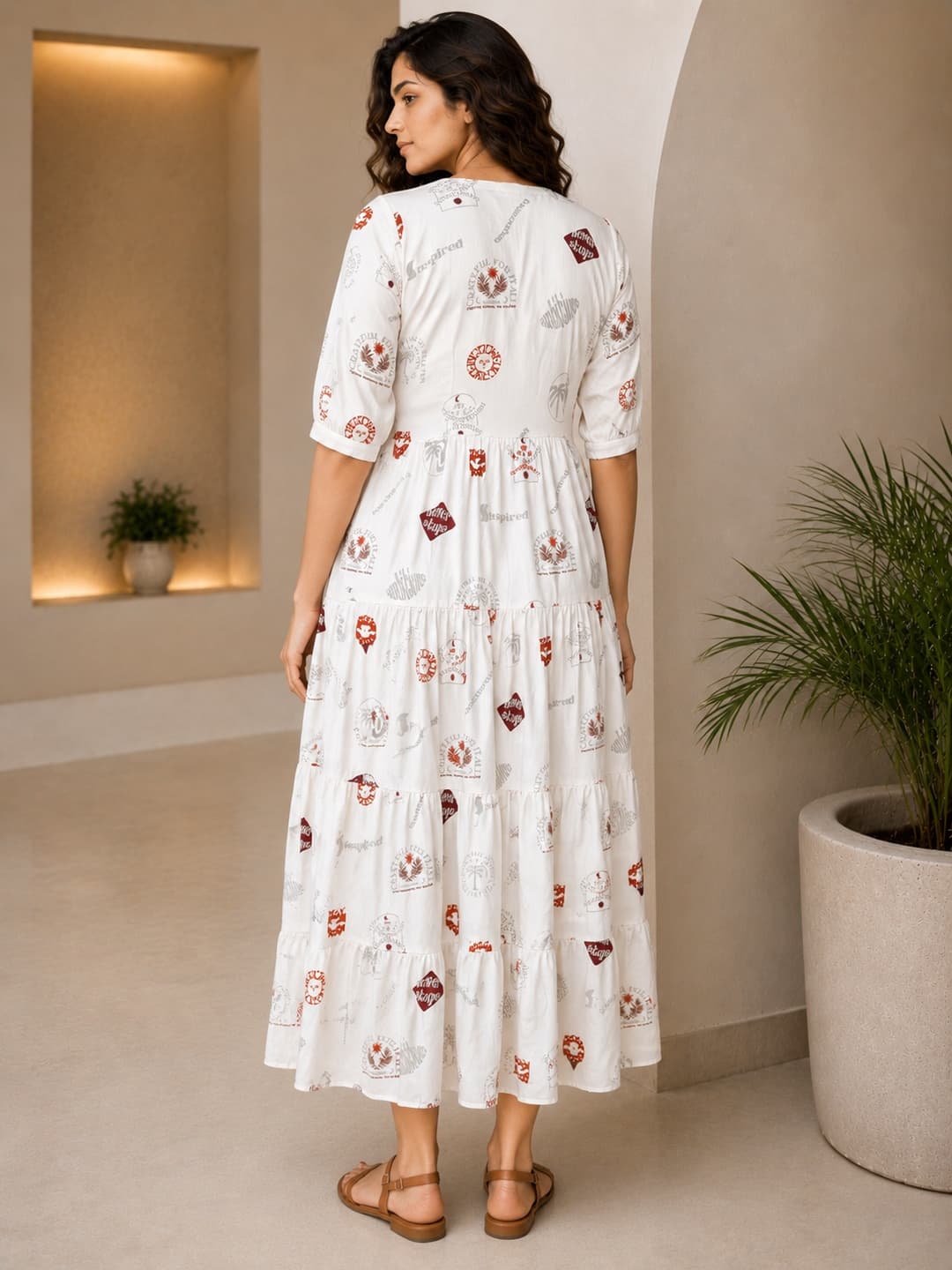 Off White Printed Maxi Dress with Tie-Up - View 3