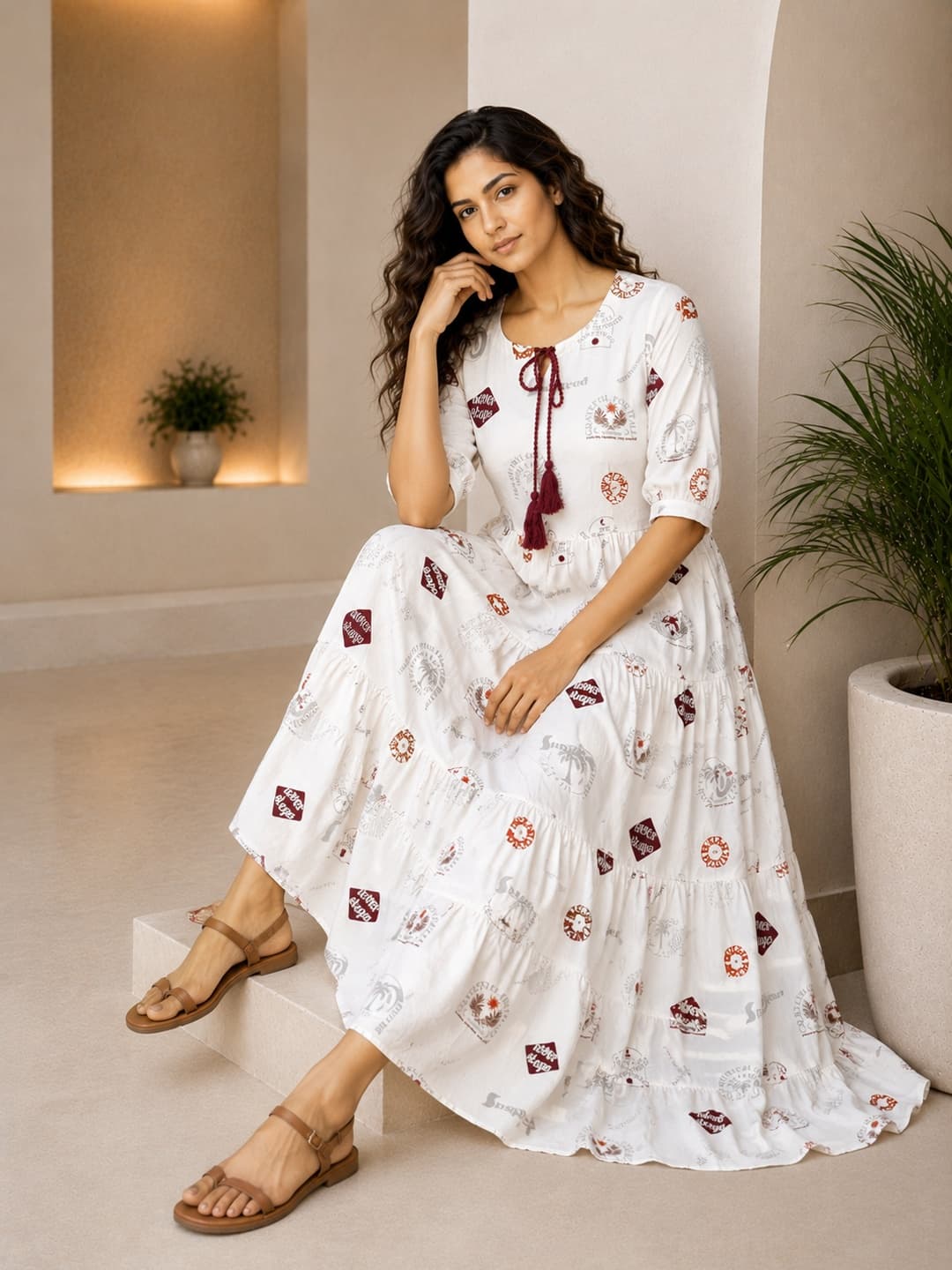 Off White Printed Maxi Dress with Tie-Up - View 4