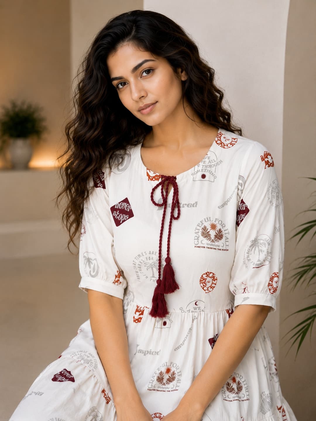 Off White Printed Maxi Dress with Tie-Up - View 5