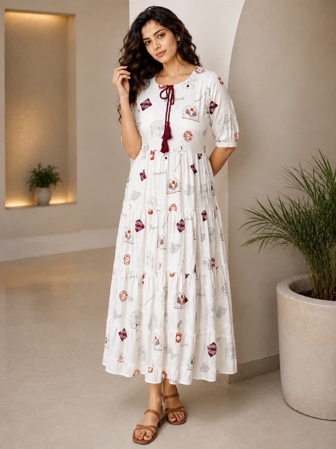 Off White Printed Maxi Dress with Tie-Up - View 0