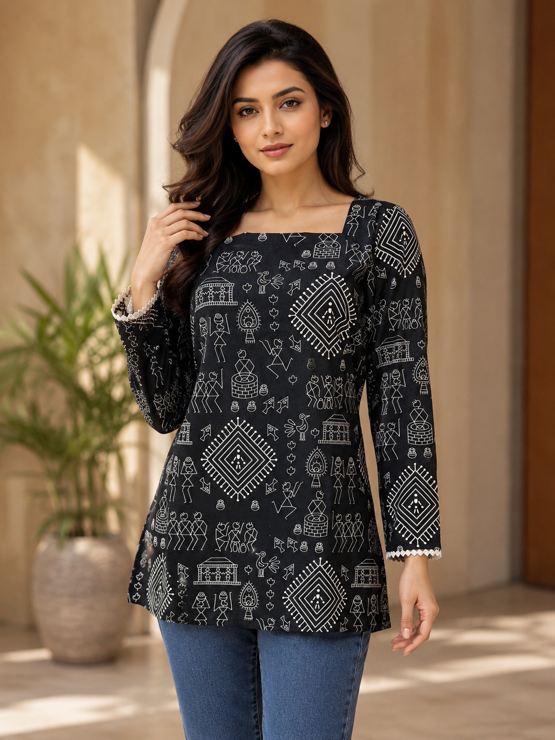 Women Black Warli Printed Cotton Ethnic Kurti